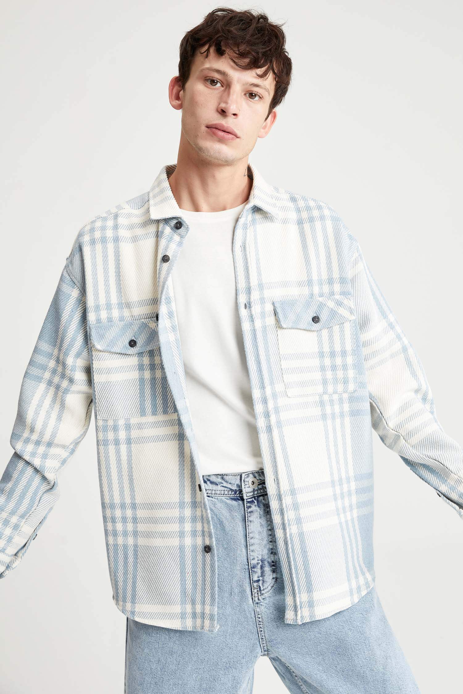 Oversize Fit Ekose Desenli Uzun Kollu Oduncu Gömlek