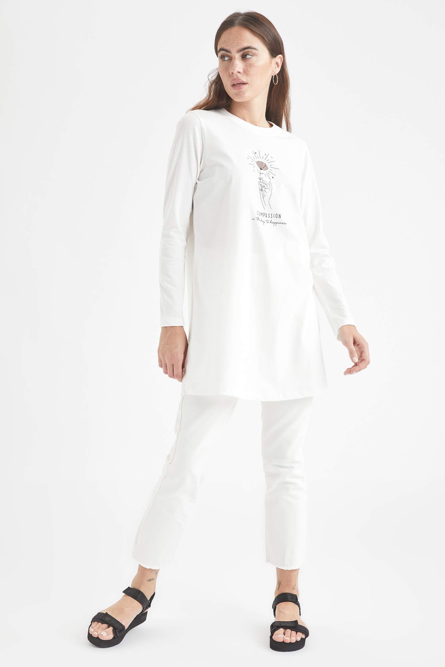 Yazı Baskılı Pamuklu Relax Fit Tunik