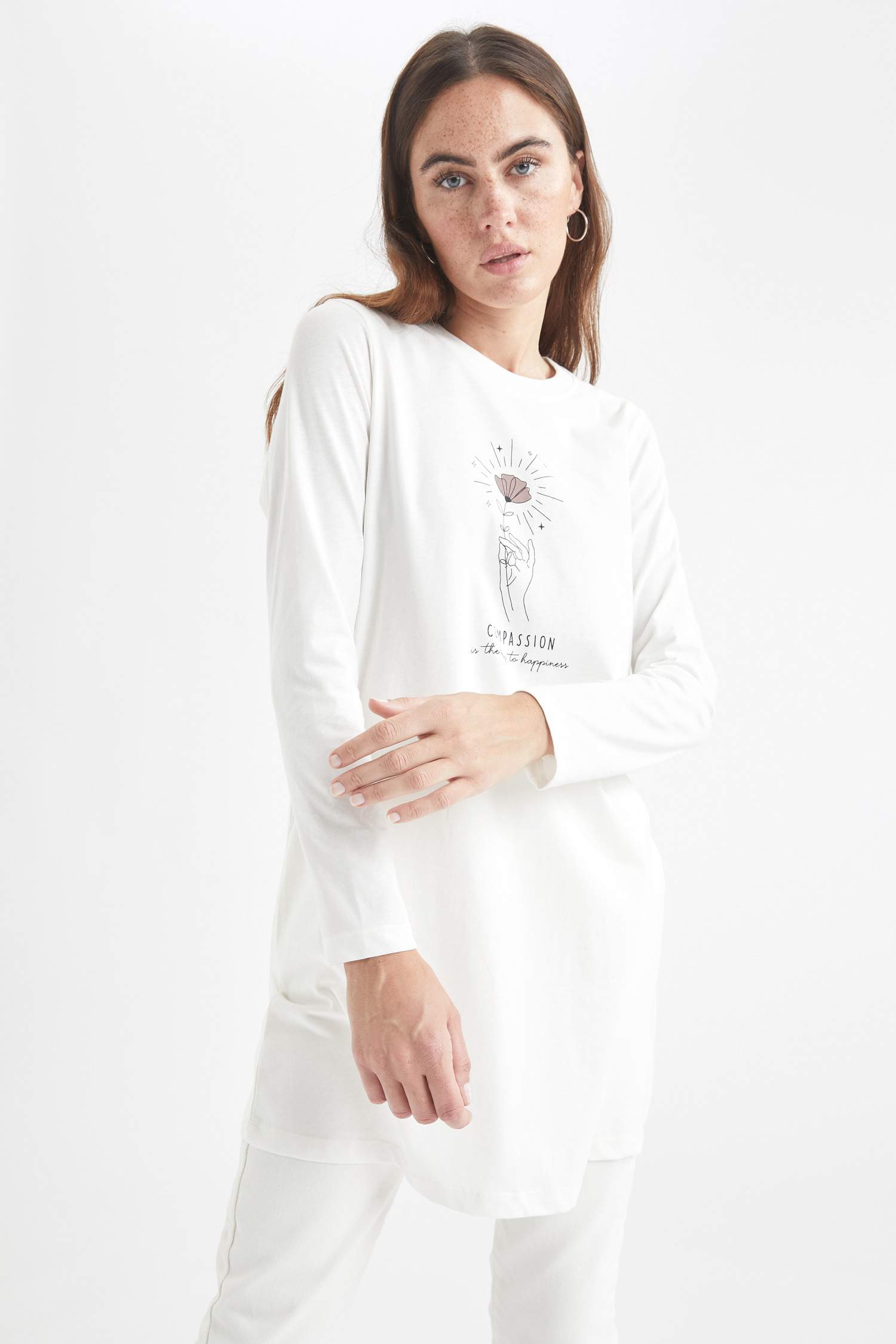 Yazı Baskılı Pamuklu Relax Fit Tunik