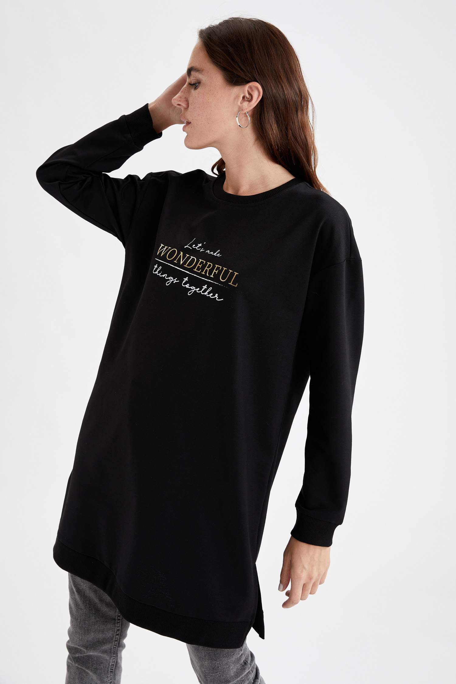 Slogan Baskılı Yırtmaç Detaylı Relax Fit İçi Yumuşak Tüylü Sweat Tunik