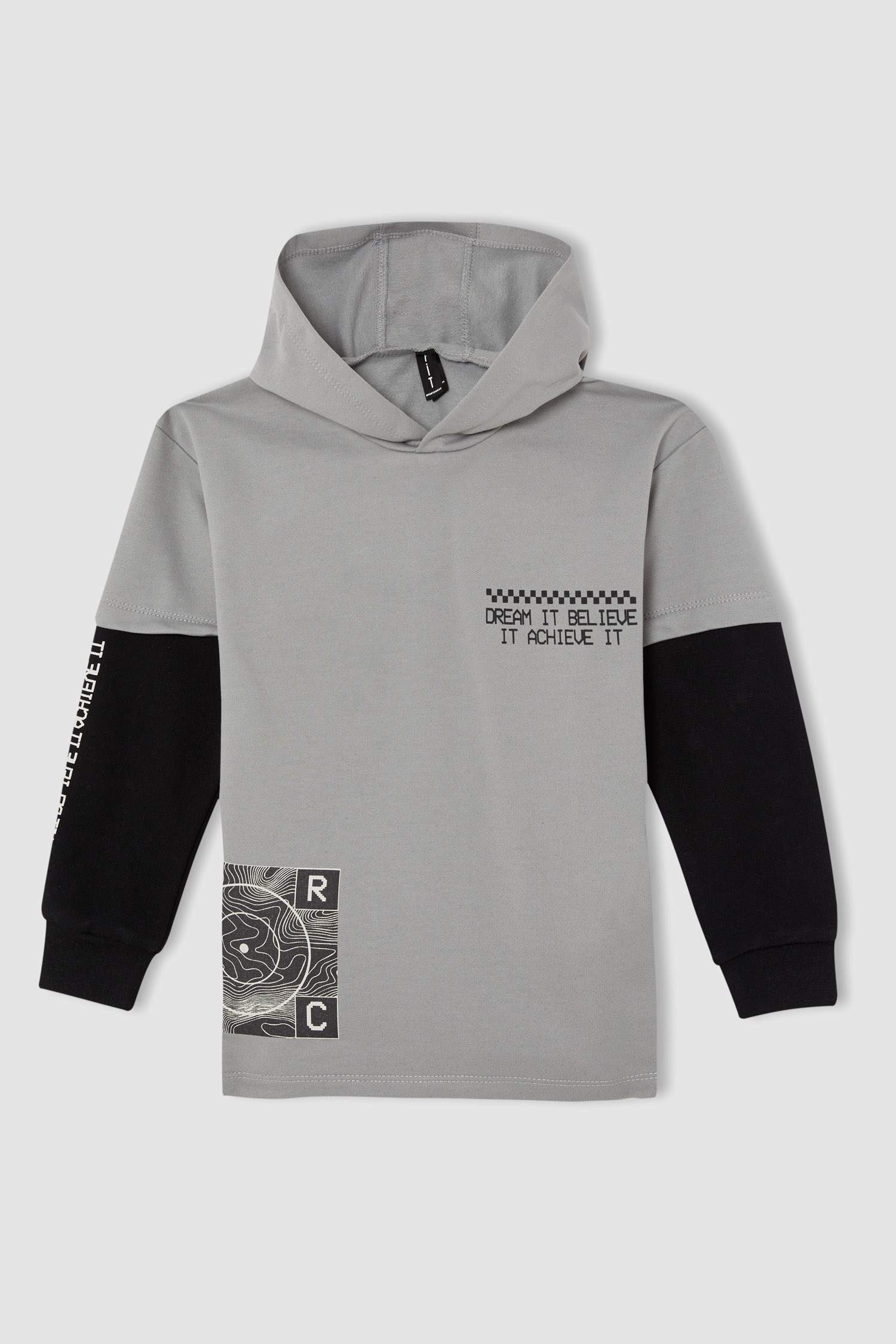 Erkek Çocuk Slogan Baskılı Kapüşonlu Renk Bloklu Pamuklu Uzun Kollu Sweatshirt ve Jogger Eşofman Altı Takımı