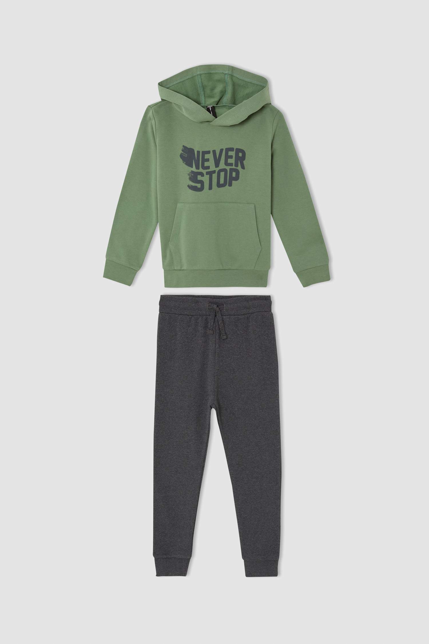 Erkek Çocuk Baskılı Kapüşonlu Kanguru Cepli Uzun Kollu Sweatshirt ve Jogger Eşofman Altı Takımı