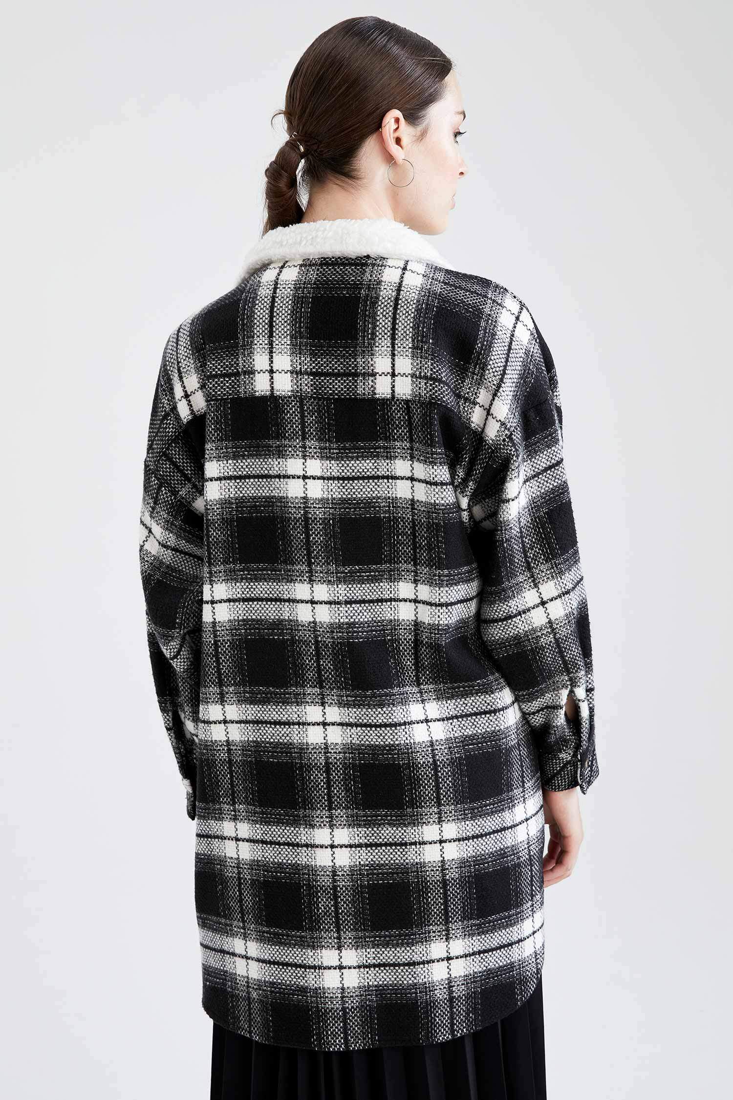 Ekoseli Relax Fit Suni Kürklü Yaka Detaylı Flanel Oduncu Gömlek Tunik