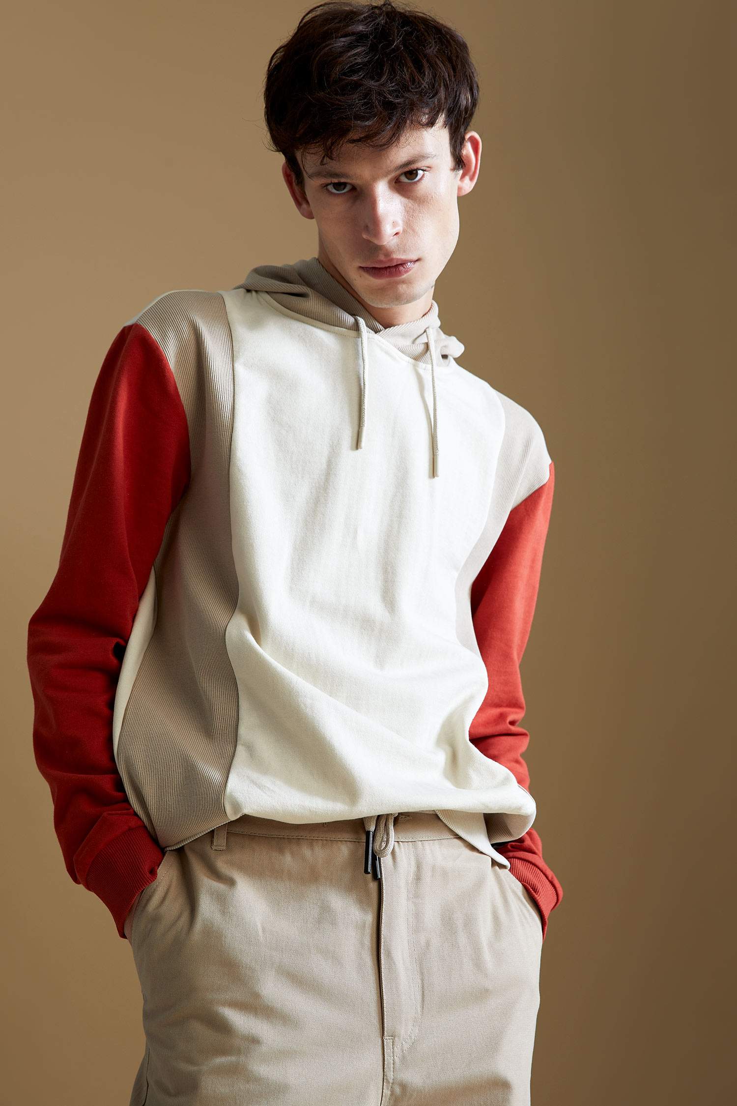 Regular Fit Kapüşonlu Renk Bloklu Uzun Kollu Sweatshirt