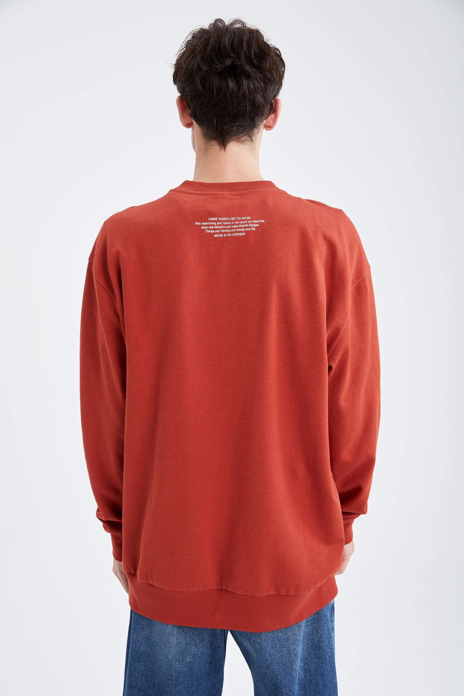 Oversize Fit Bisiklet Yaka Slogan Baskılı Uzun Kollu Sweatshirt
