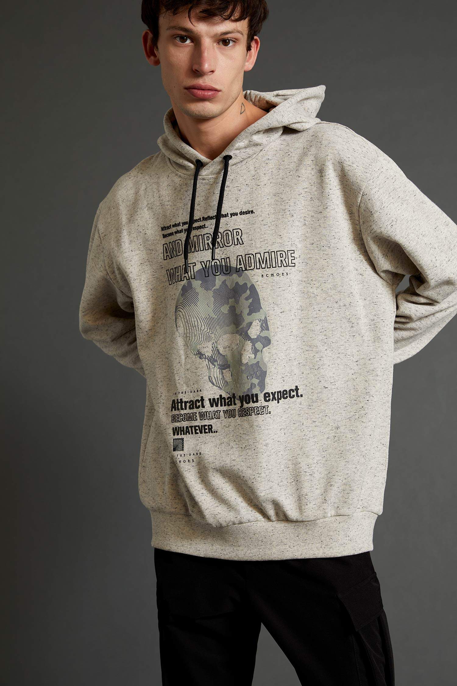 Oversize Fit Kuru kafa Baskılı Kapüşonlu Sweatshirt
