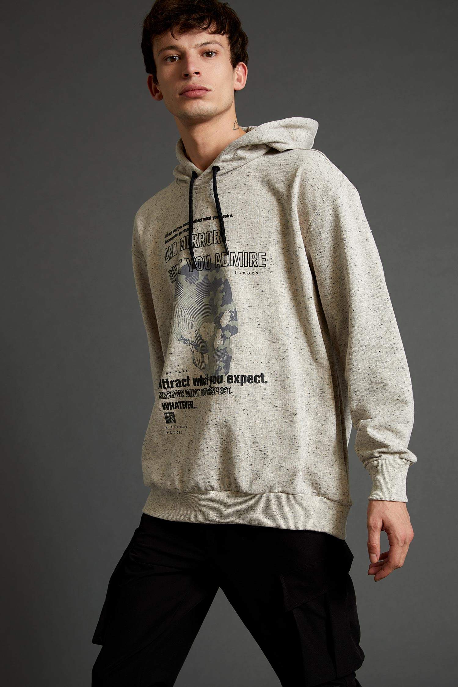 Oversize Fit Kuru kafa Baskılı Kapüşonlu Sweatshirt
