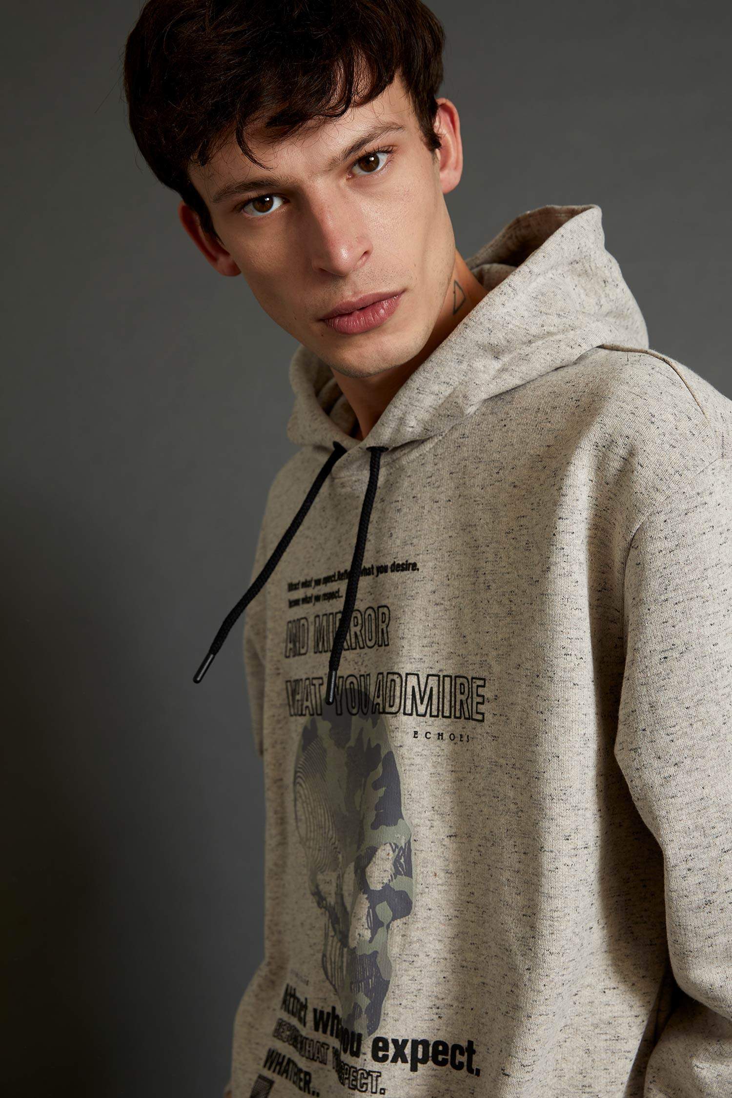 Oversize Fit Kuru kafa Baskılı Kapüşonlu Sweatshirt