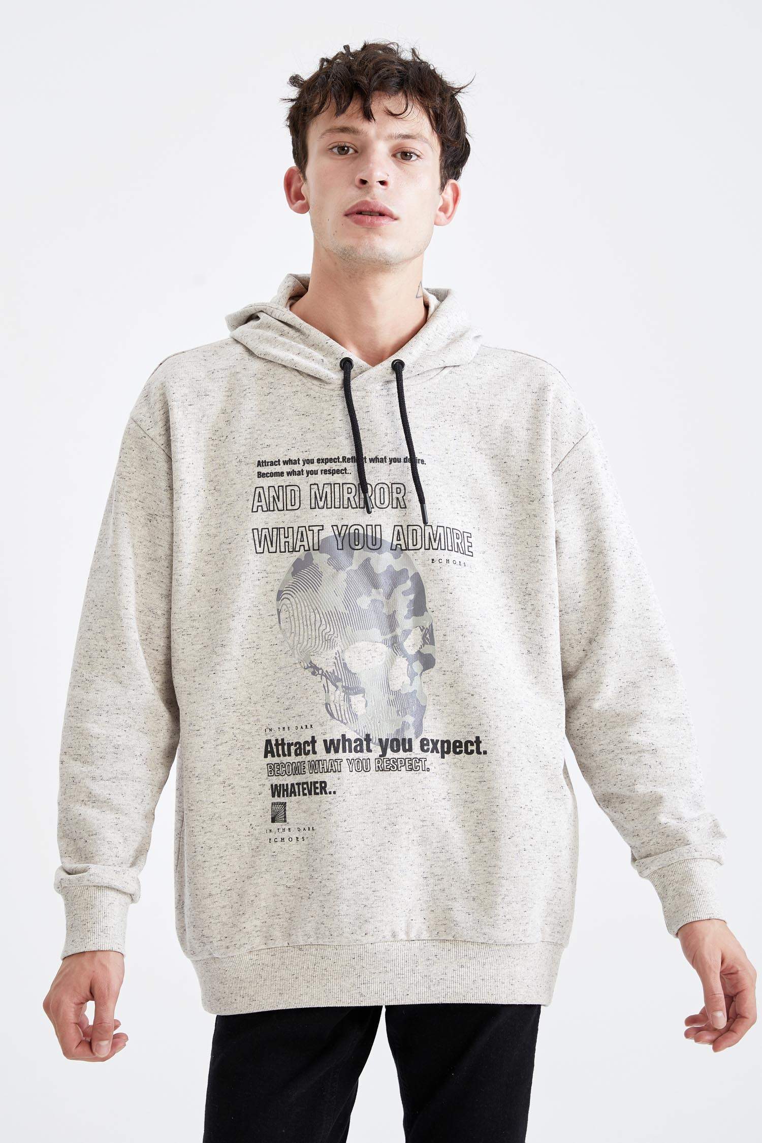 Oversize Fit Kuru kafa Baskılı Kapüşonlu Sweatshirt