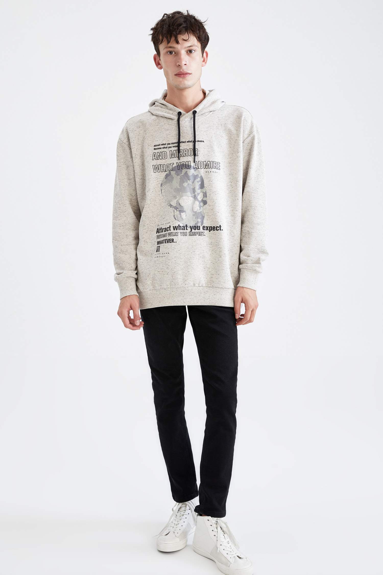 Oversize Fit Kuru kafa Baskılı Kapüşonlu Sweatshirt