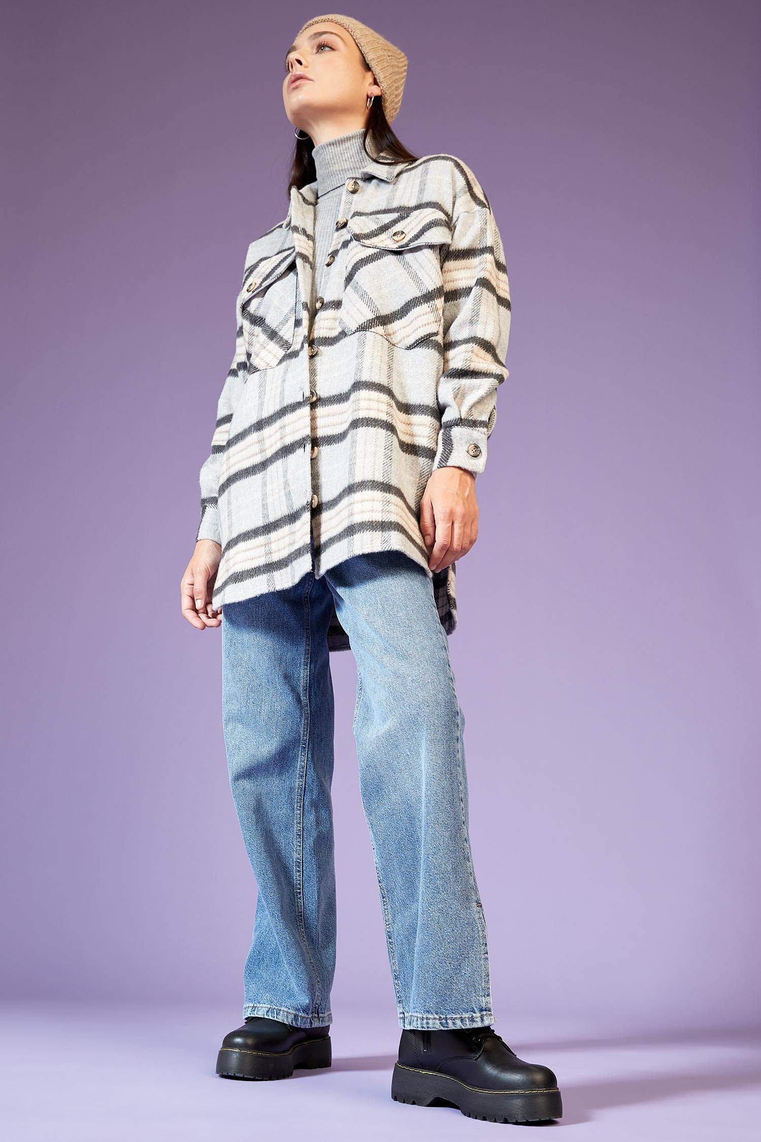Oversize Fit Kareli Oduncu Gömlek Ceket