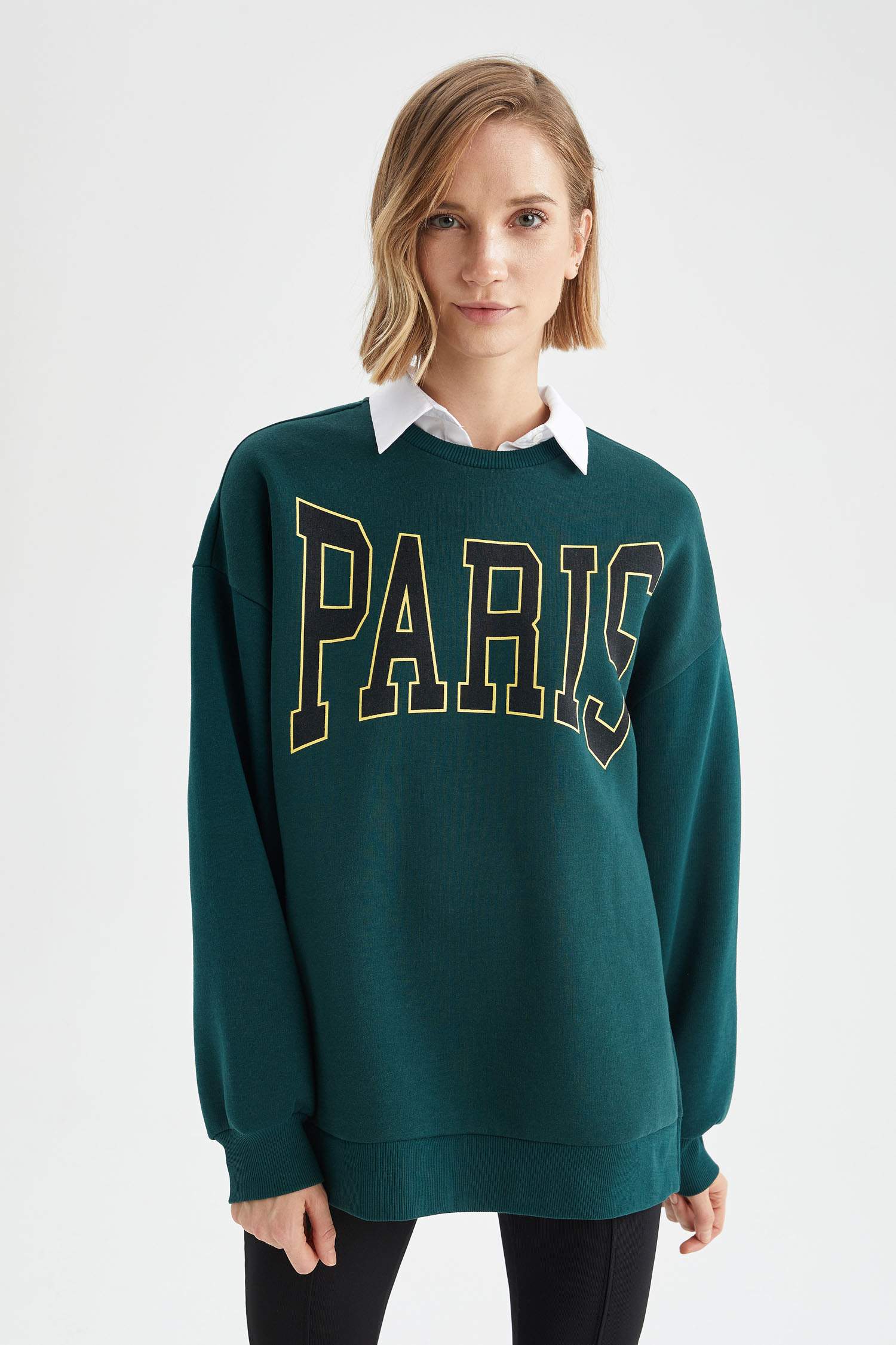 Oversize Fit Bisiklet Yaka Baskılı Uzun Kollu Yırtmaçlı Sweatshirt