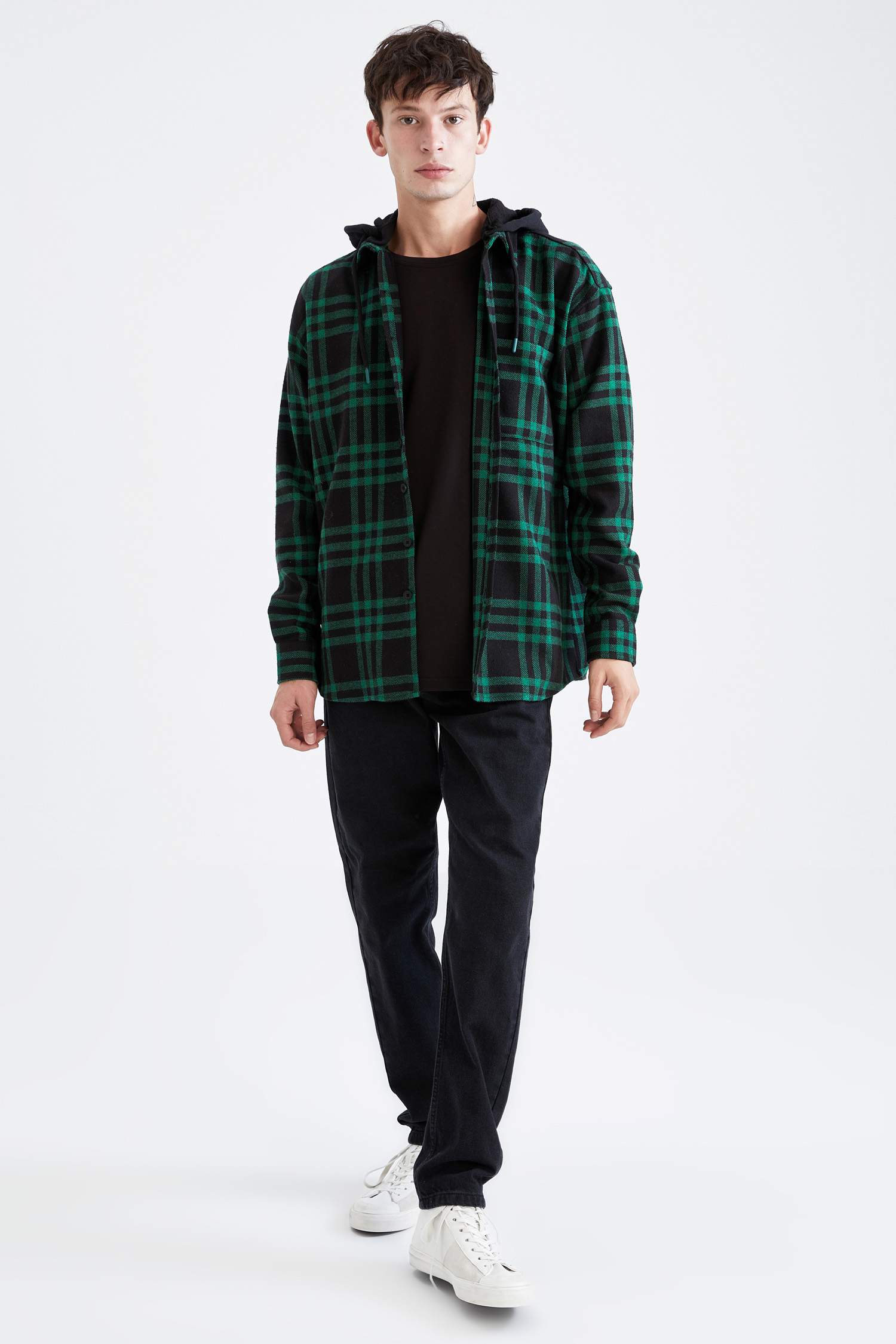 Oversize Fit Kapüşonlu Ekose Desenli Uzun Kollu Oduncu Gömlek