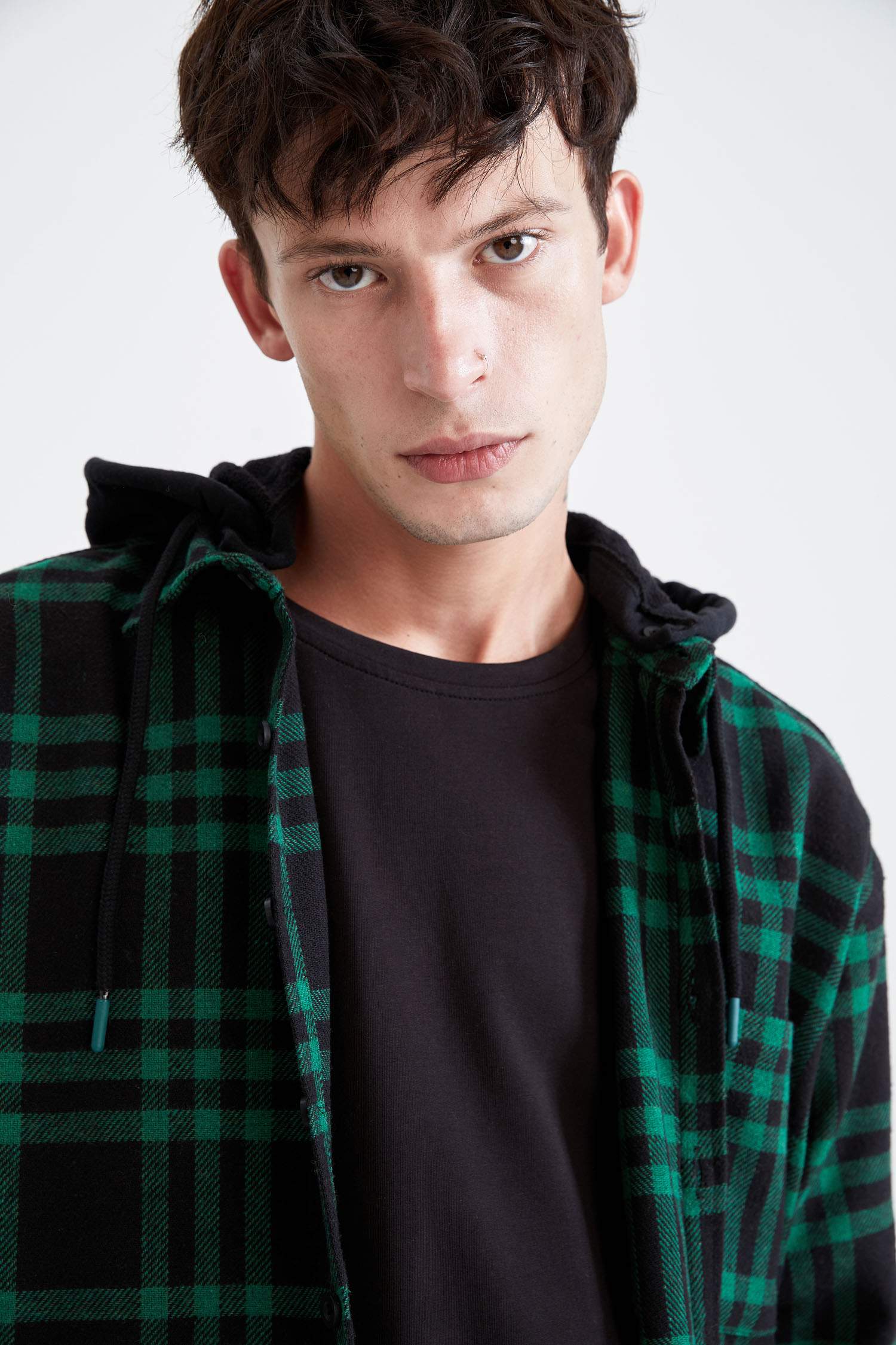 Oversize Fit Kapüşonlu Ekose Desenli Uzun Kollu Oduncu Gömlek