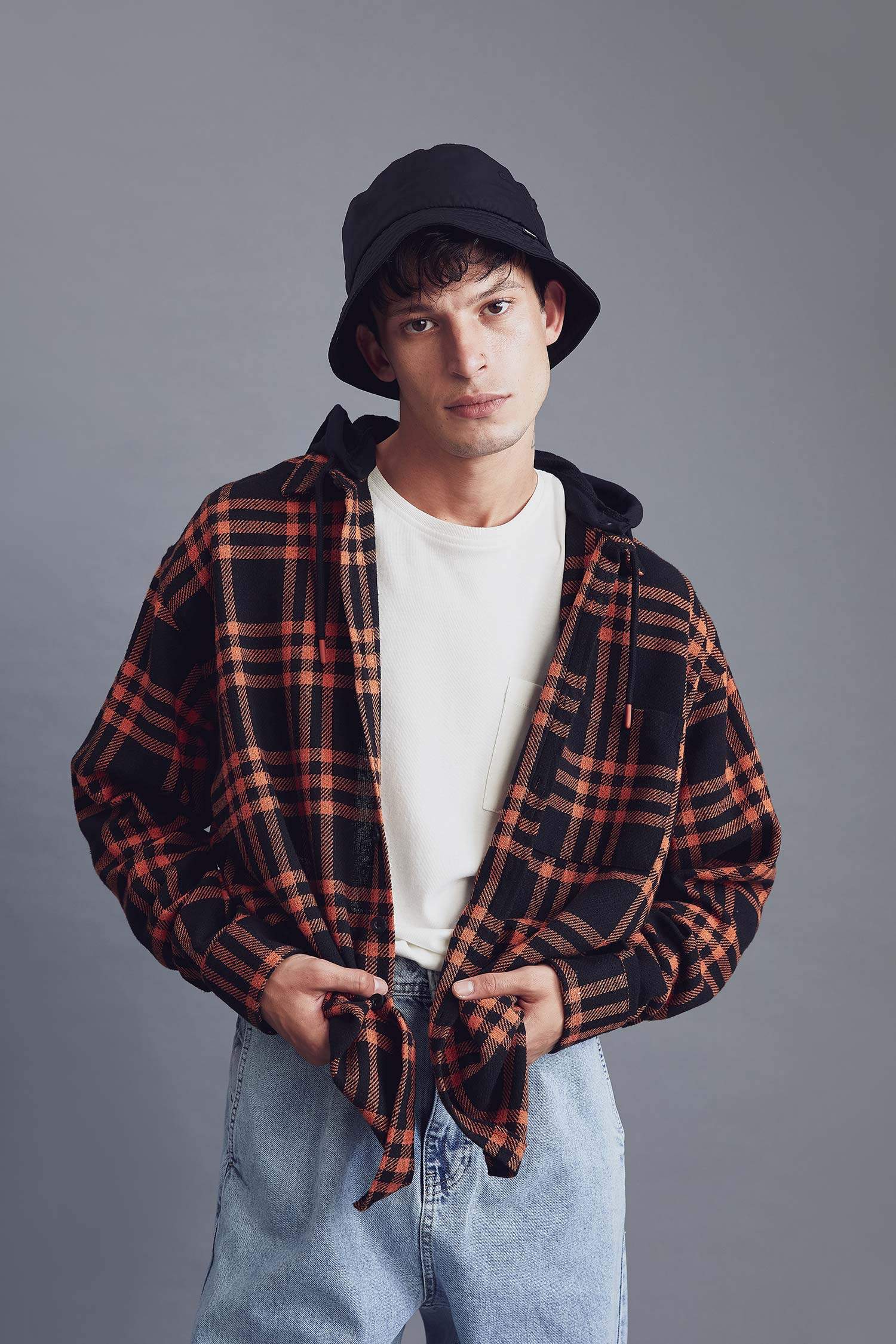 Oversize Fit Kapüşonlu Ekose Desenli Uzun Kollu Oduncu Gömlek