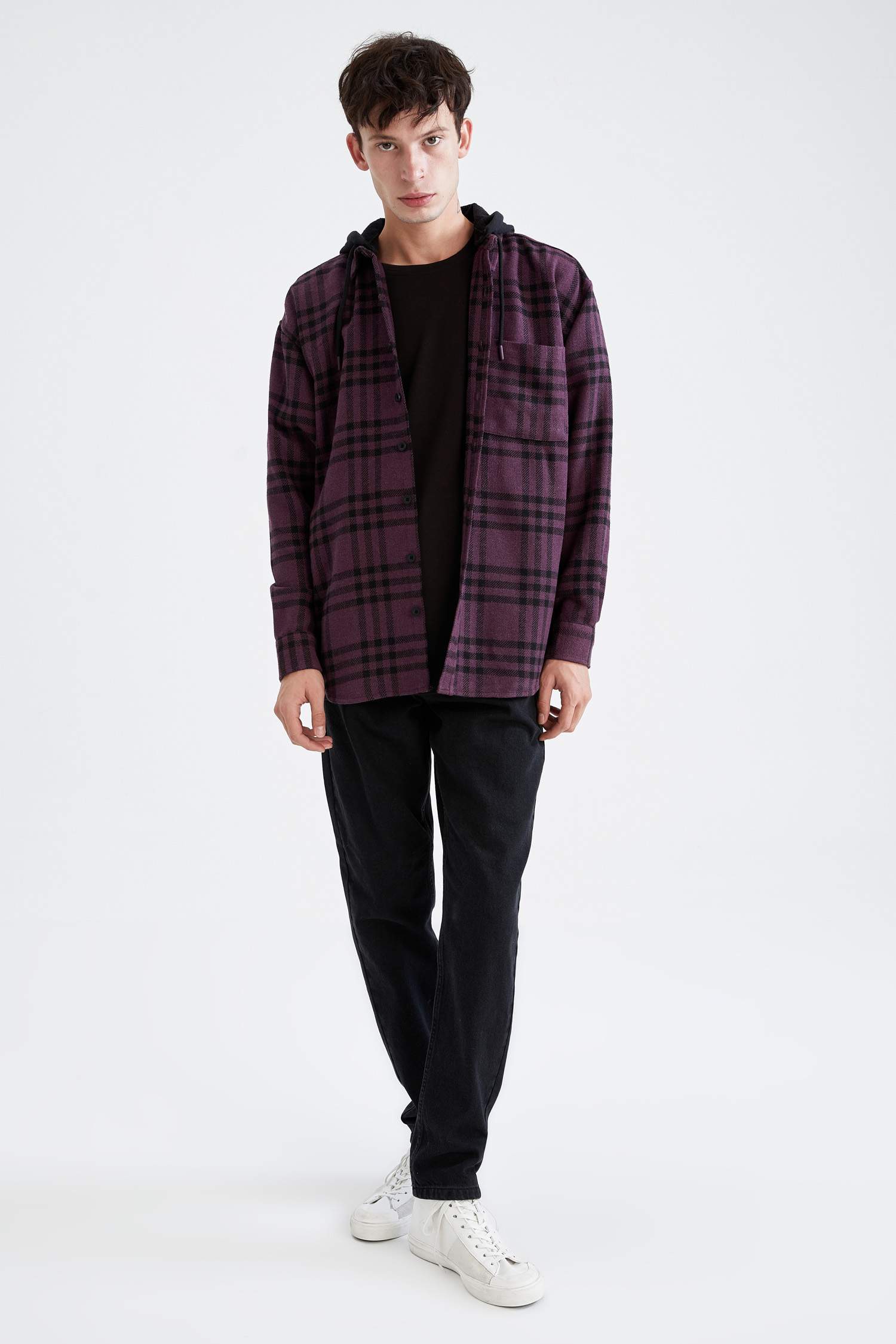 Oversize Fit Kapüşonlu Ekose Desenli Uzun Kollu Oduncu Gömlek