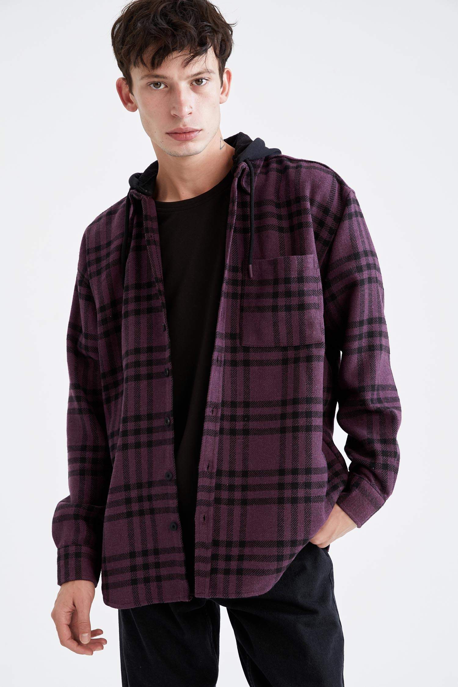 Oversize Fit Kapüşonlu Ekose Desenli Uzun Kollu Oduncu Gömlek