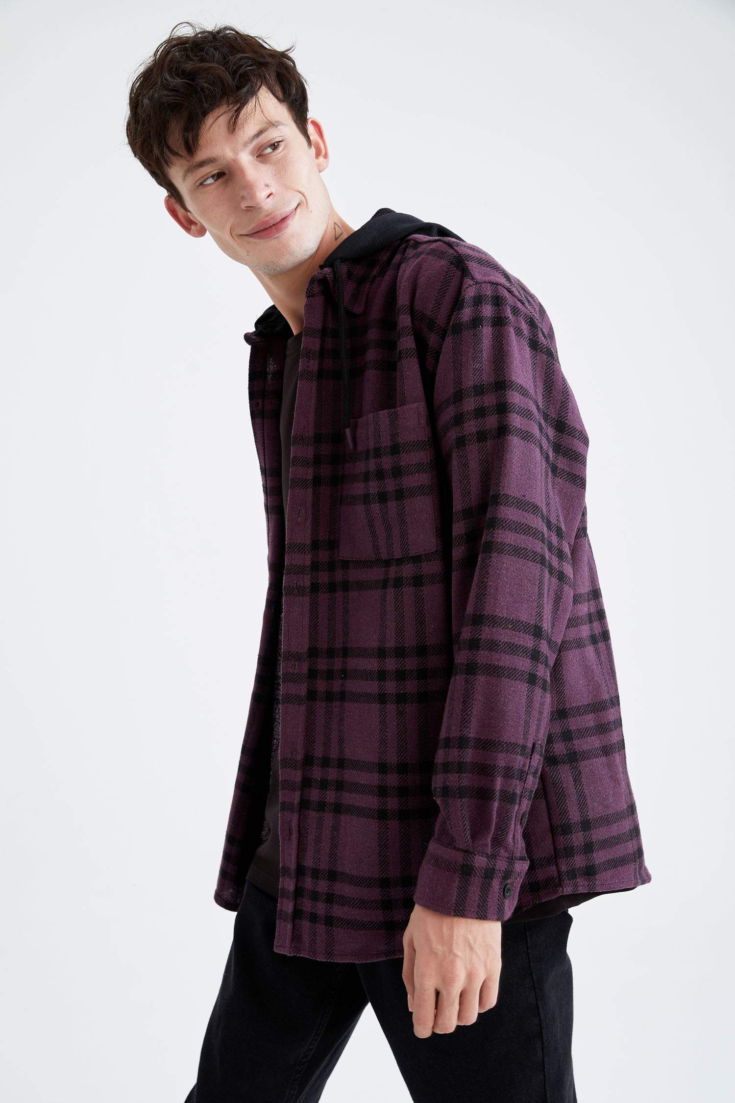 Oversize Fit Kapüşonlu Ekose Desenli Uzun Kollu Oduncu Gömlek