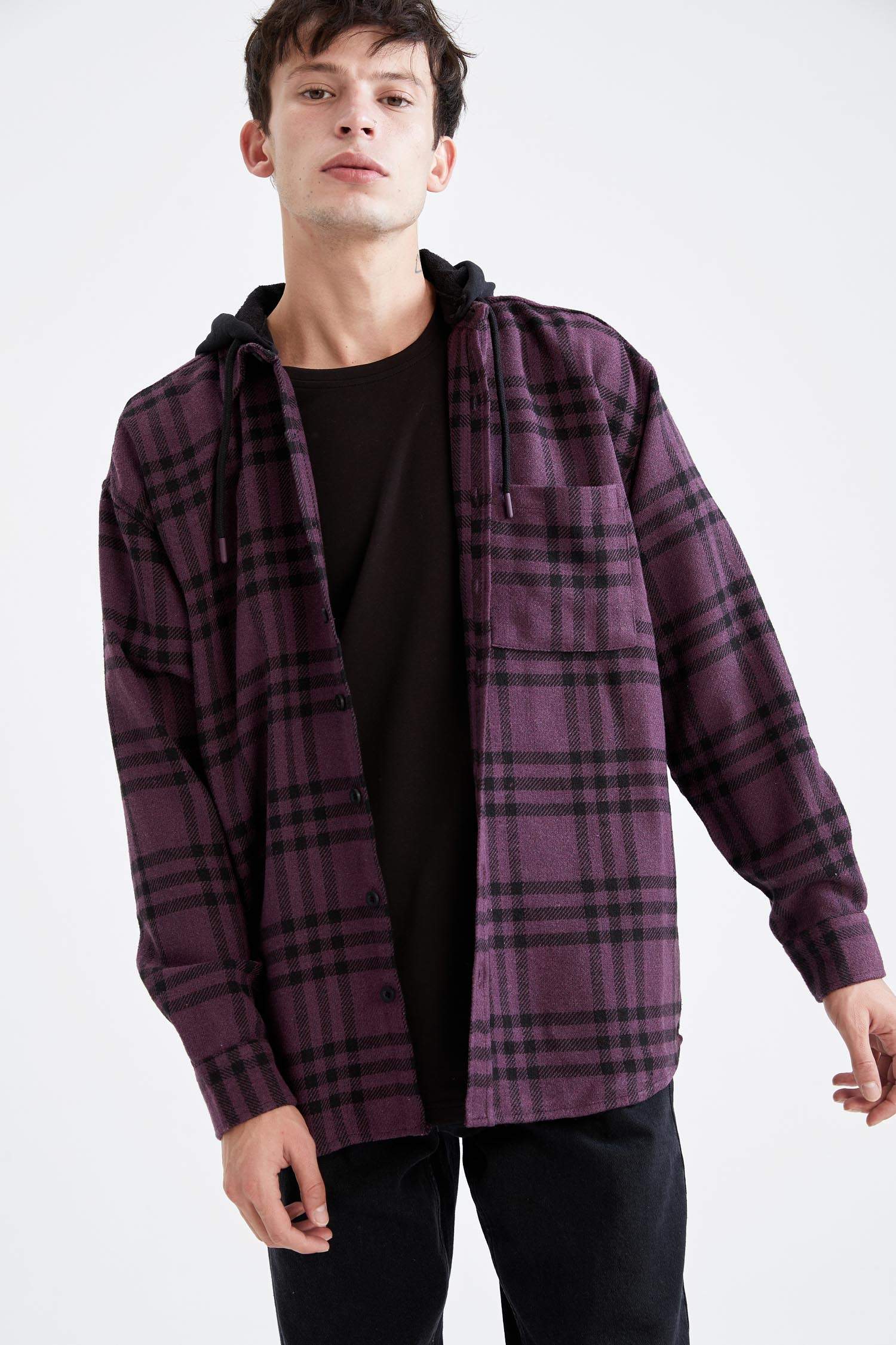 Oversize Fit Kapüşonlu Ekose Desenli Uzun Kollu Oduncu Gömlek