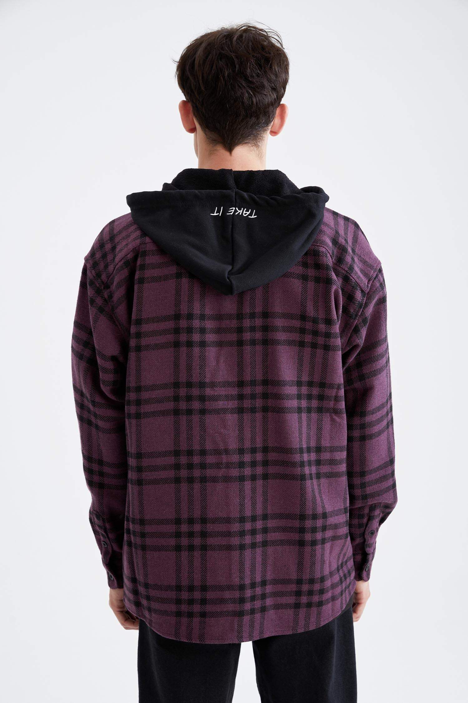 Oversize Fit Kapüşonlu Ekose Desenli Uzun Kollu Oduncu Gömlek