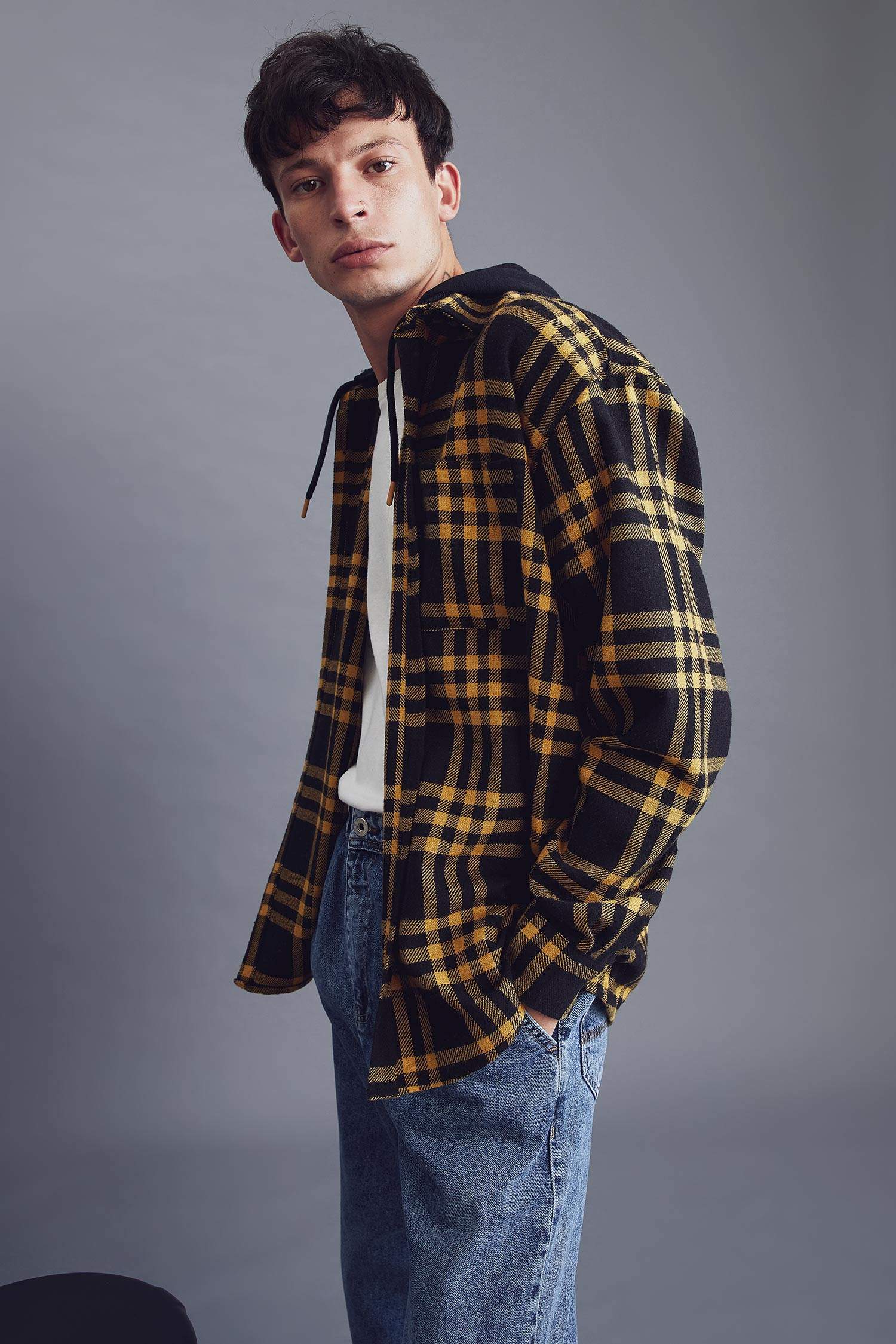 Oversize Fit Kapüşonlu Ekose Desenli Uzun Kollu Oduncu Gömlek