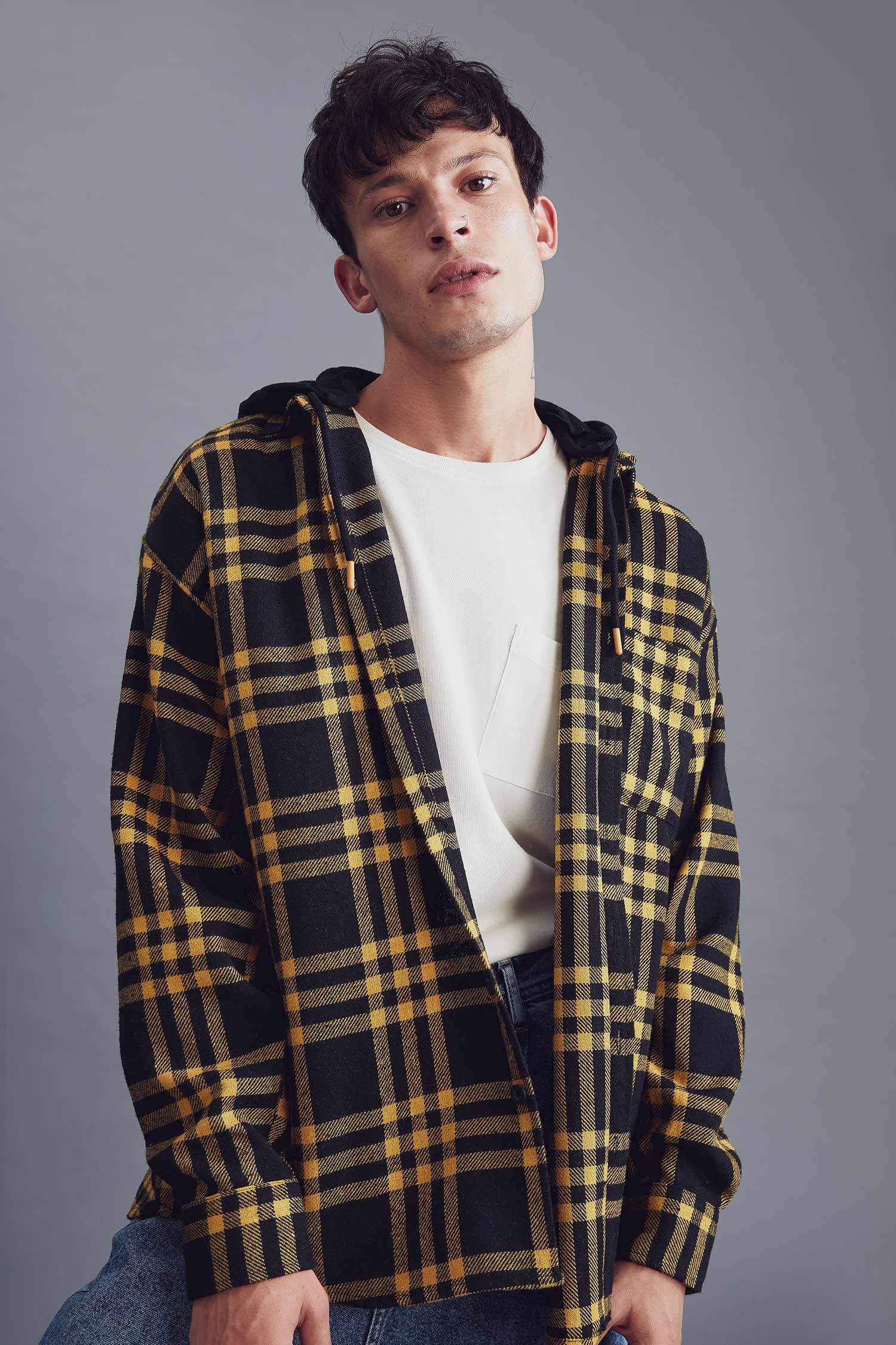 Oversize Fit Kapüşonlu Ekose Desenli Uzun Kollu Oduncu Gömlek