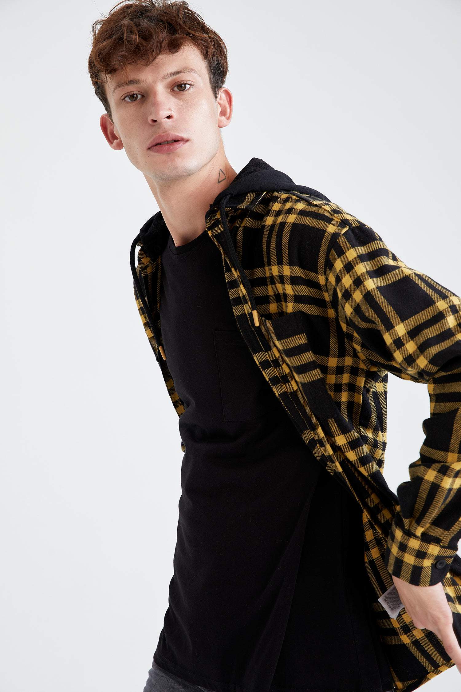 Oversize Fit Kapüşonlu Ekose Desenli Uzun Kollu Oduncu Gömlek