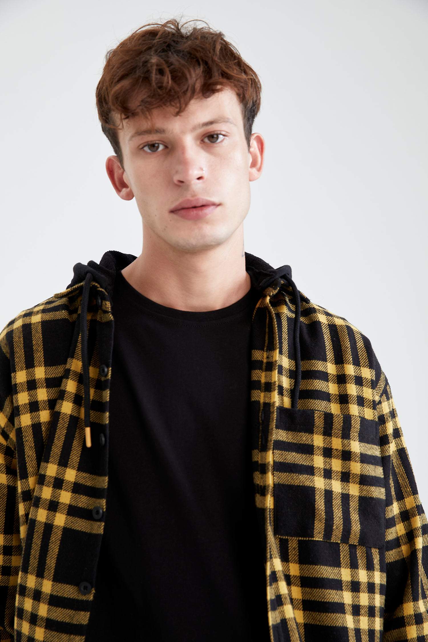 Oversize Fit Kapüşonlu Ekose Desenli Uzun Kollu Oduncu Gömlek
