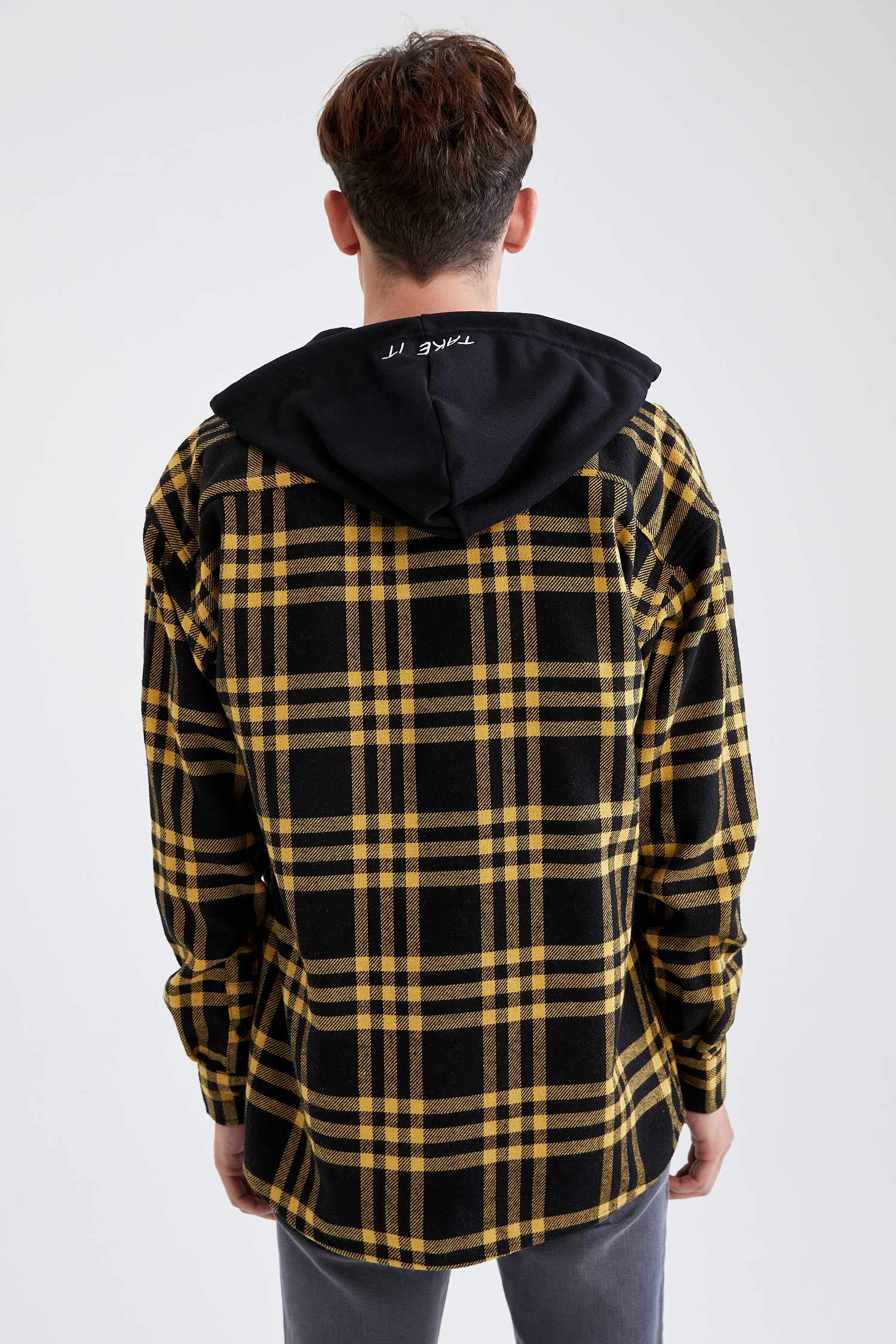 Oversize Fit Kapüşonlu Ekose Desenli Uzun Kollu Oduncu Gömlek