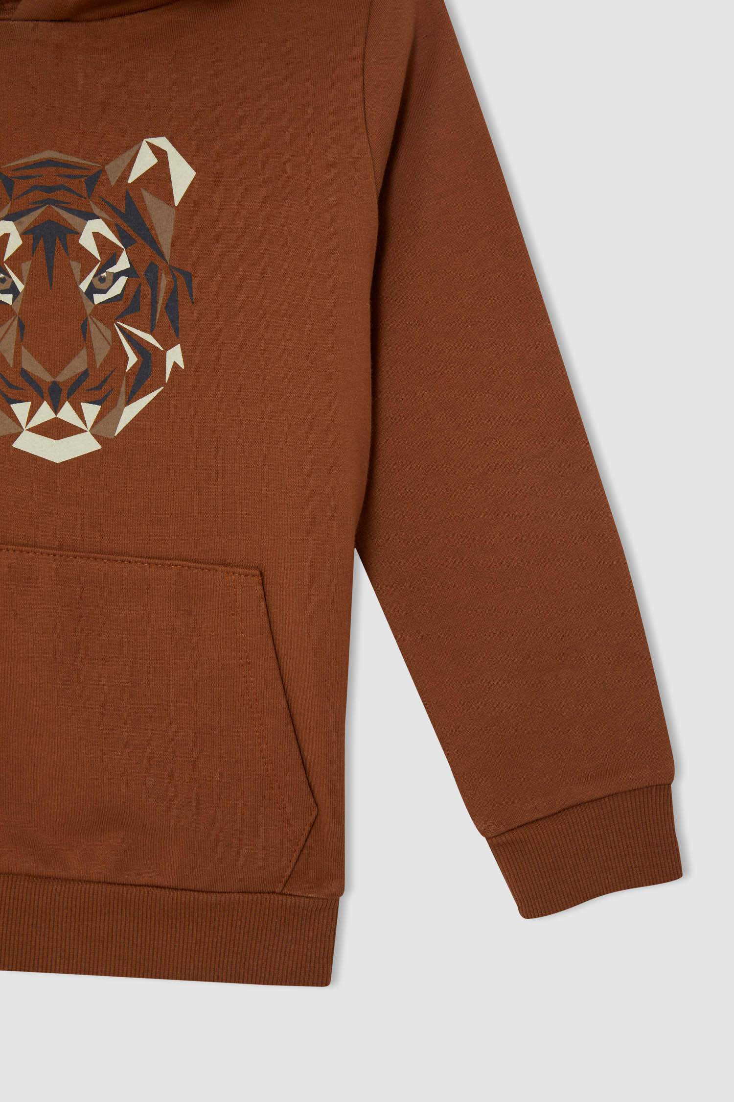 Erkek Çocuk Regular Fit Kapüşonlu Kaplan Baskılı Kanguru Cepli Sweatshirt