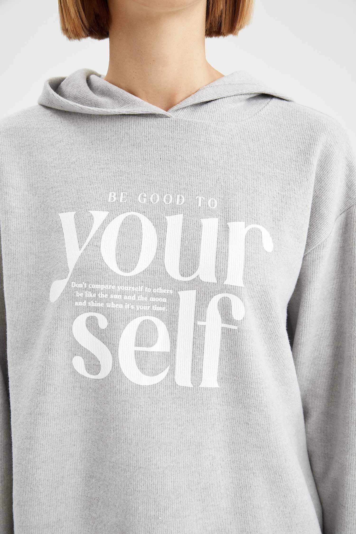 Slogan Baskılı Kapüşonlu Relax Fit Sweatshirt