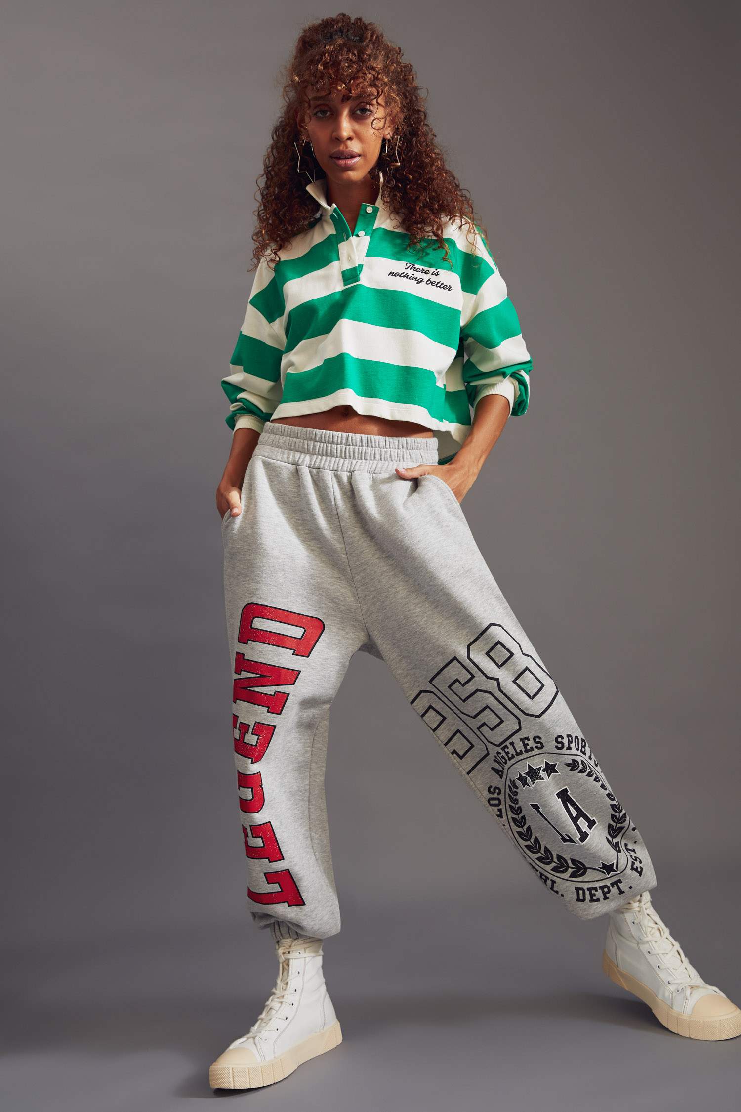 Çizgili Polo Yaka Relax Fit Uzun Kollu Crop Tişört