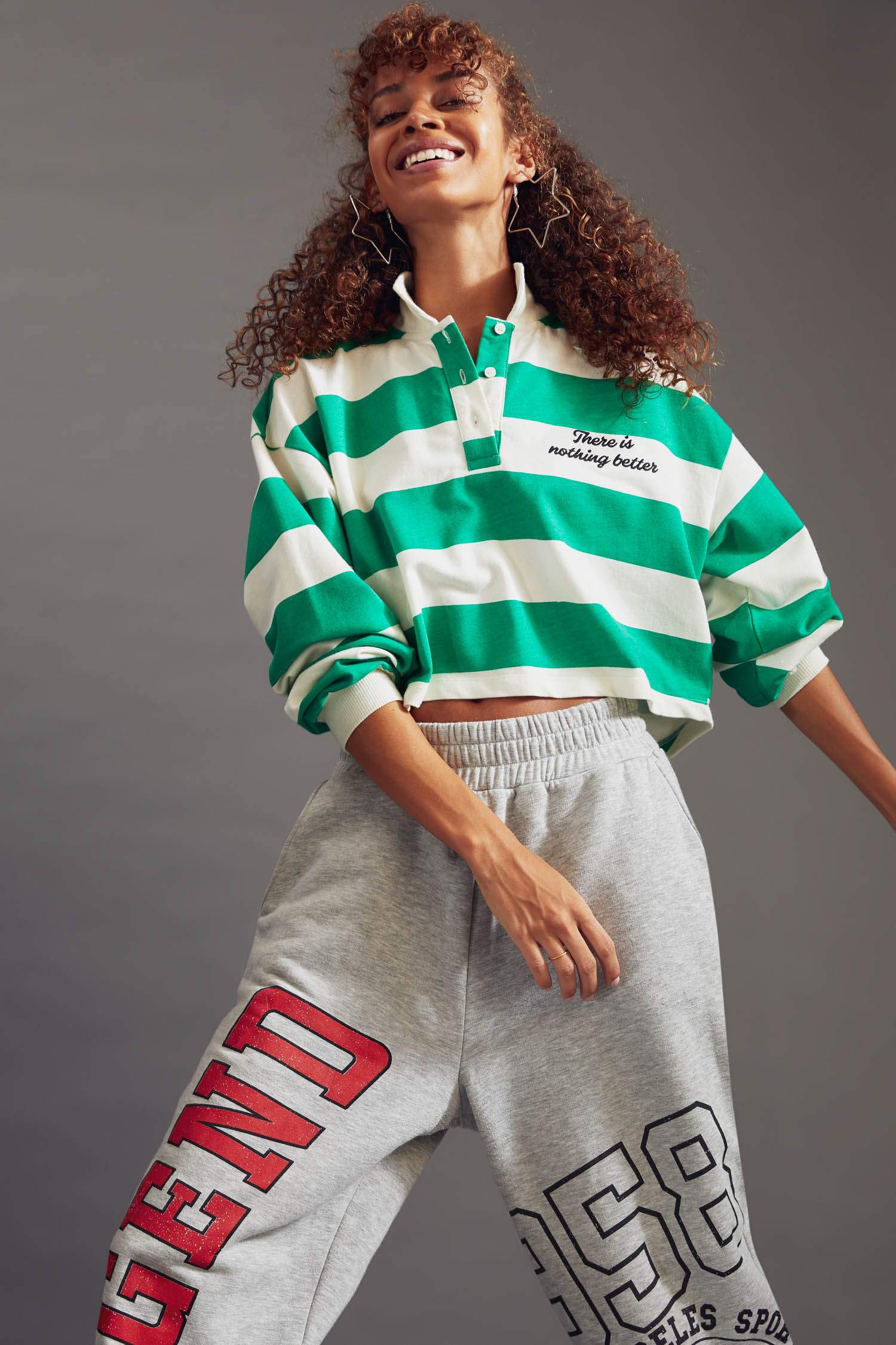 Çizgili Polo Yaka Relax Fit Uzun Kollu Crop Tişört