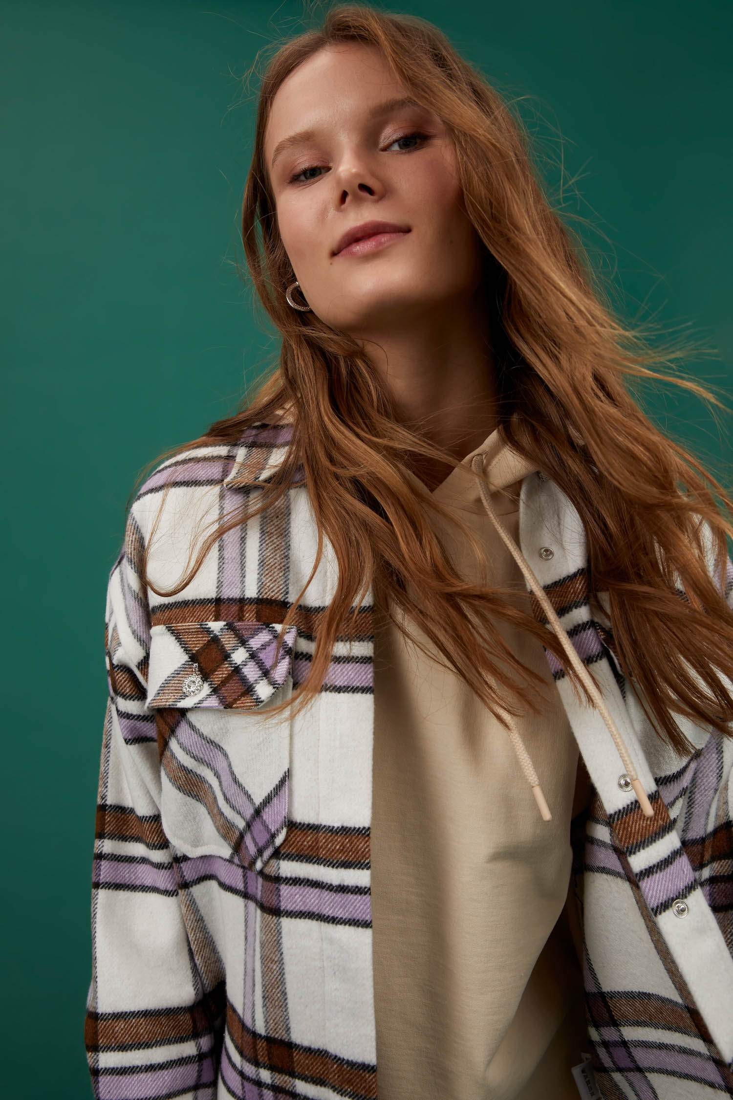 Mücevher Düğmeli Oversize Fit Kare Desenli Çıtçıtlı Oduncu Gömlek Ceket