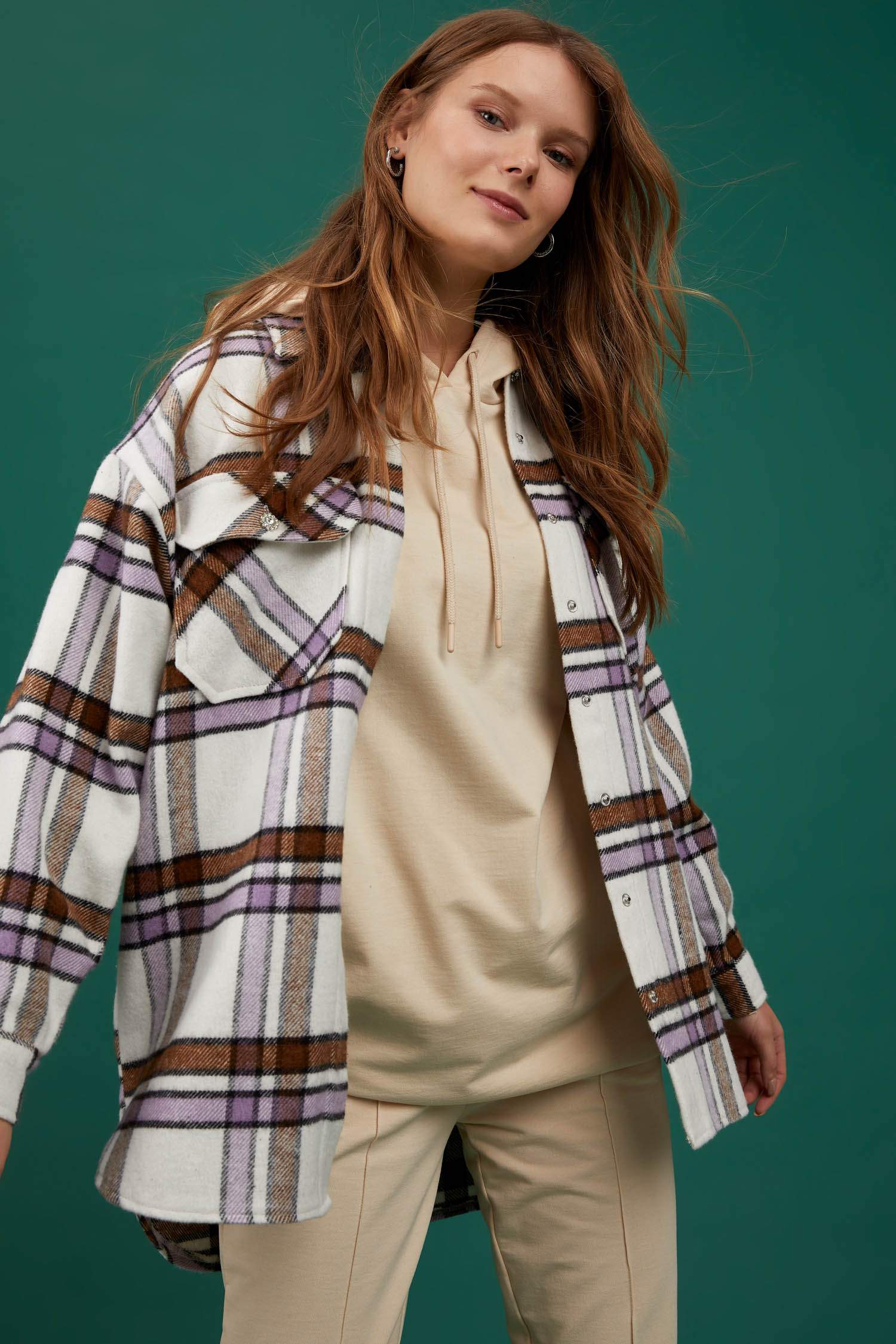 Mücevher Düğmeli Oversize Fit Kare Desenli Çıtçıtlı Oduncu Gömlek Ceket
