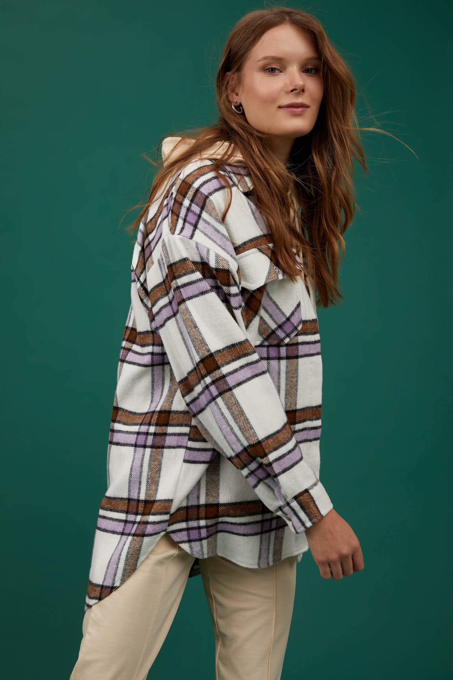 Mücevher Düğmeli Oversize Fit Kare Desenli Çıtçıtlı Oduncu Gömlek Ceket