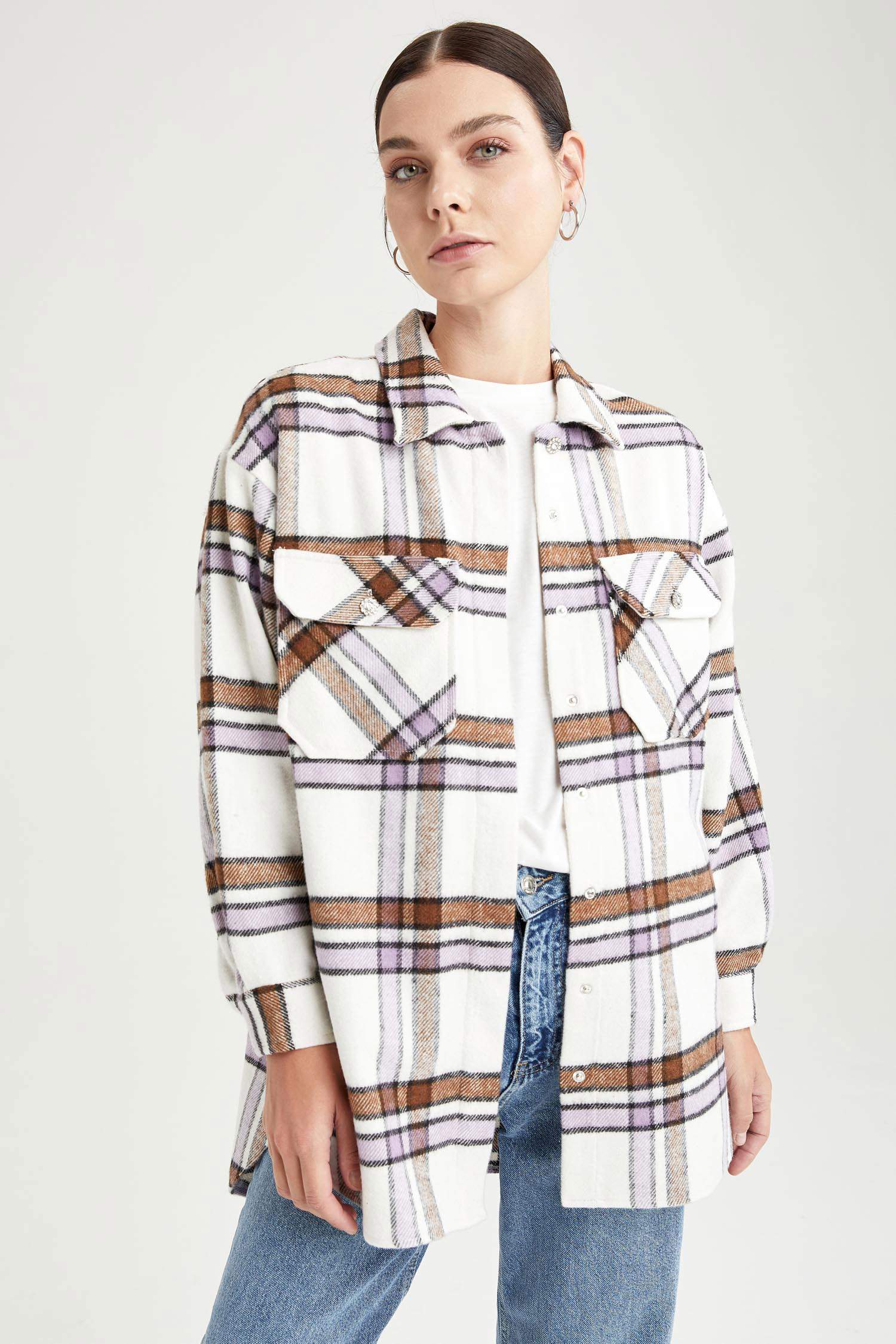 Mücevher Düğmeli Oversize Fit Kare Desenli Çıtçıtlı Oduncu Gömlek Ceket