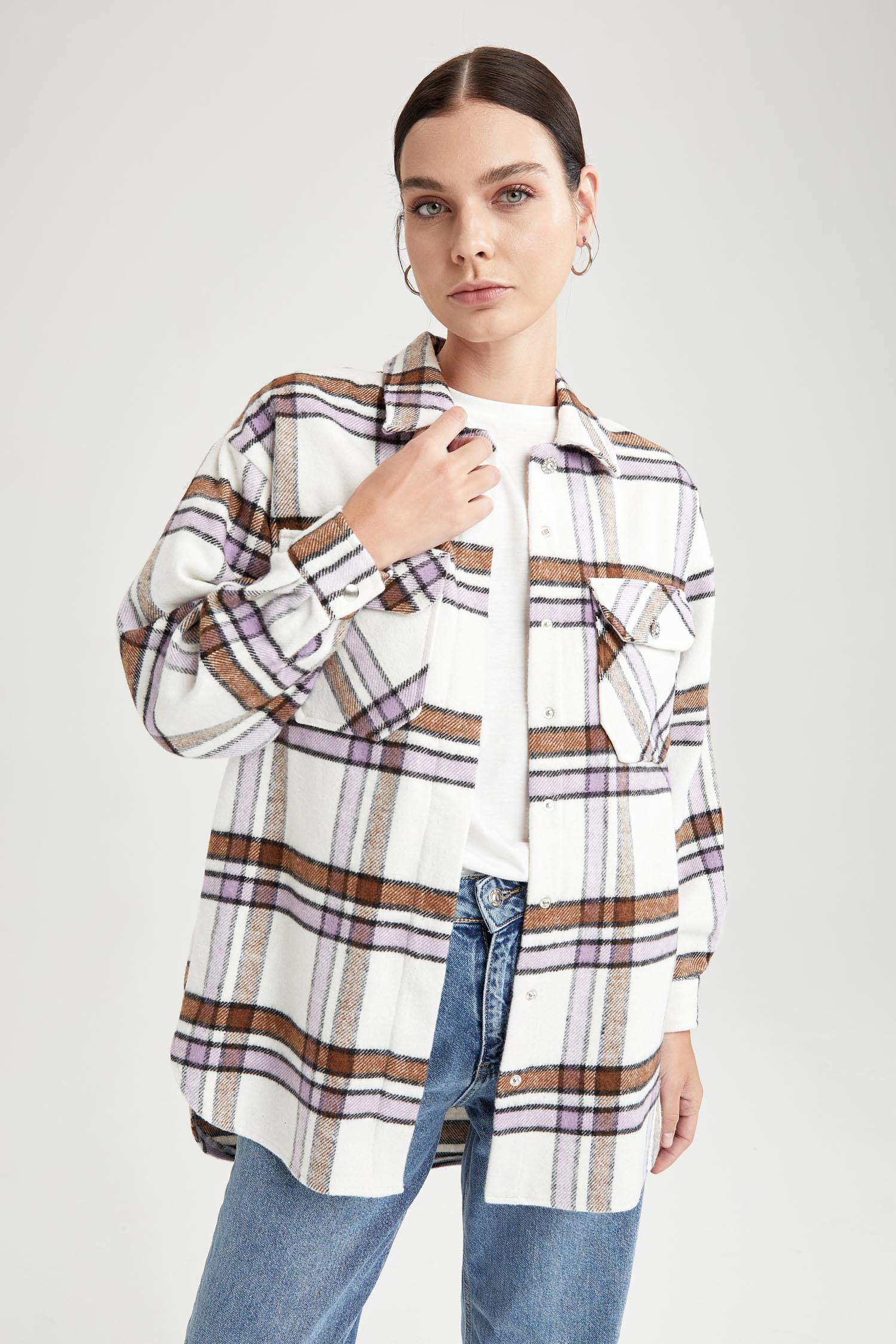 Mücevher Düğmeli Oversize Fit Kare Desenli Çıtçıtlı Oduncu Gömlek Ceket
