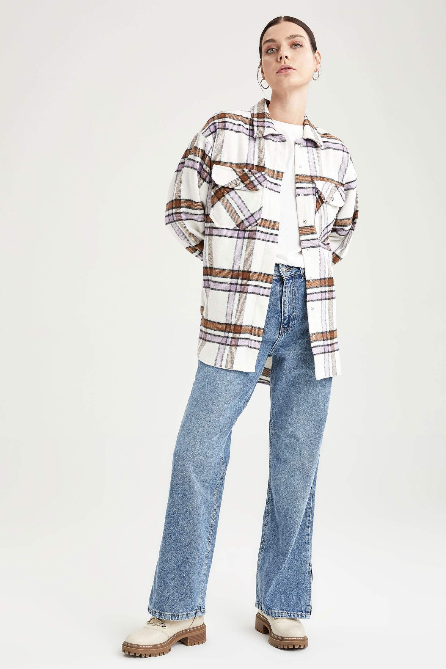 Mücevher Düğmeli Oversize Fit Kare Desenli Çıtçıtlı Oduncu Gömlek Ceket