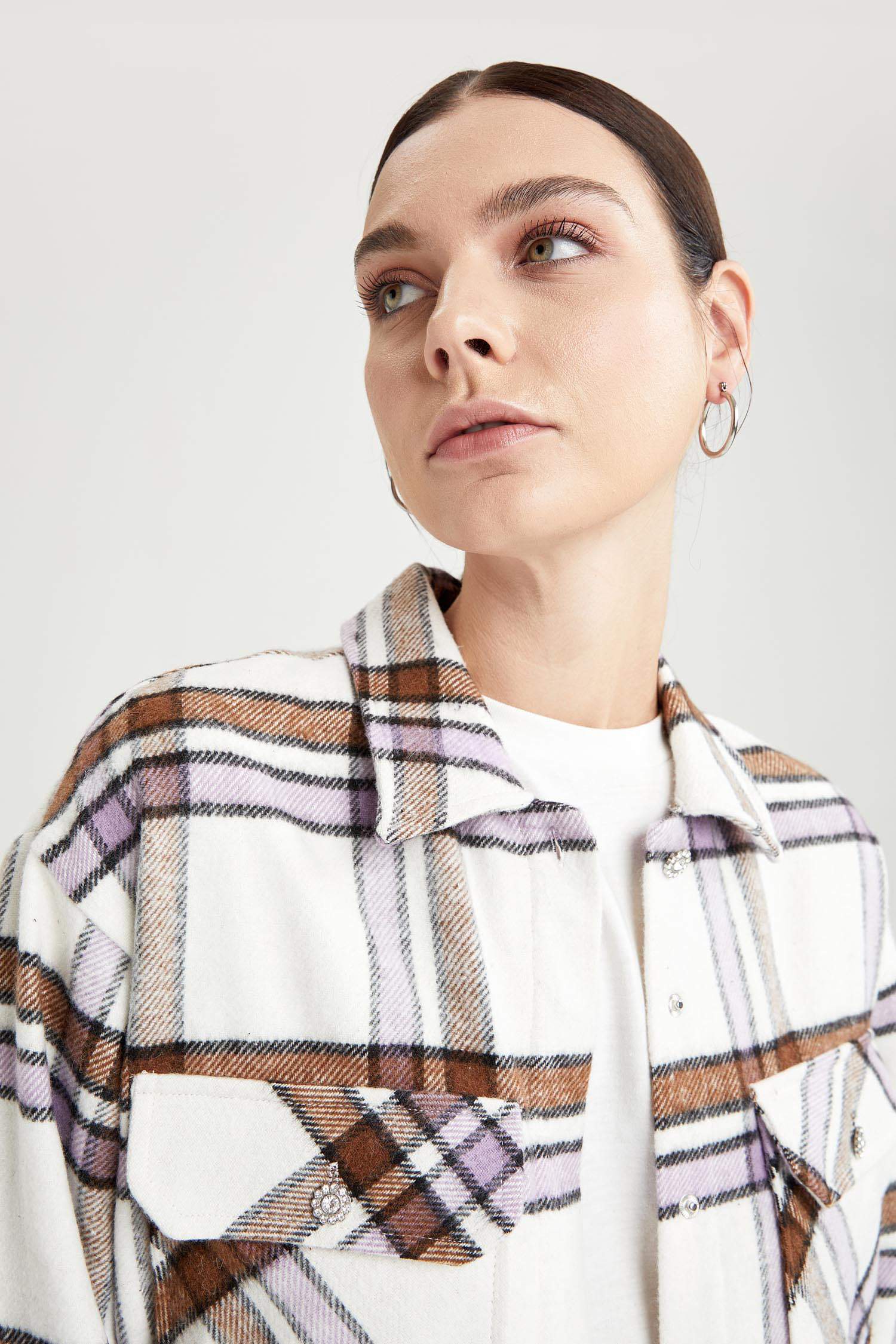 Mücevher Düğmeli Oversize Fit Kare Desenli Çıtçıtlı Oduncu Gömlek Ceket