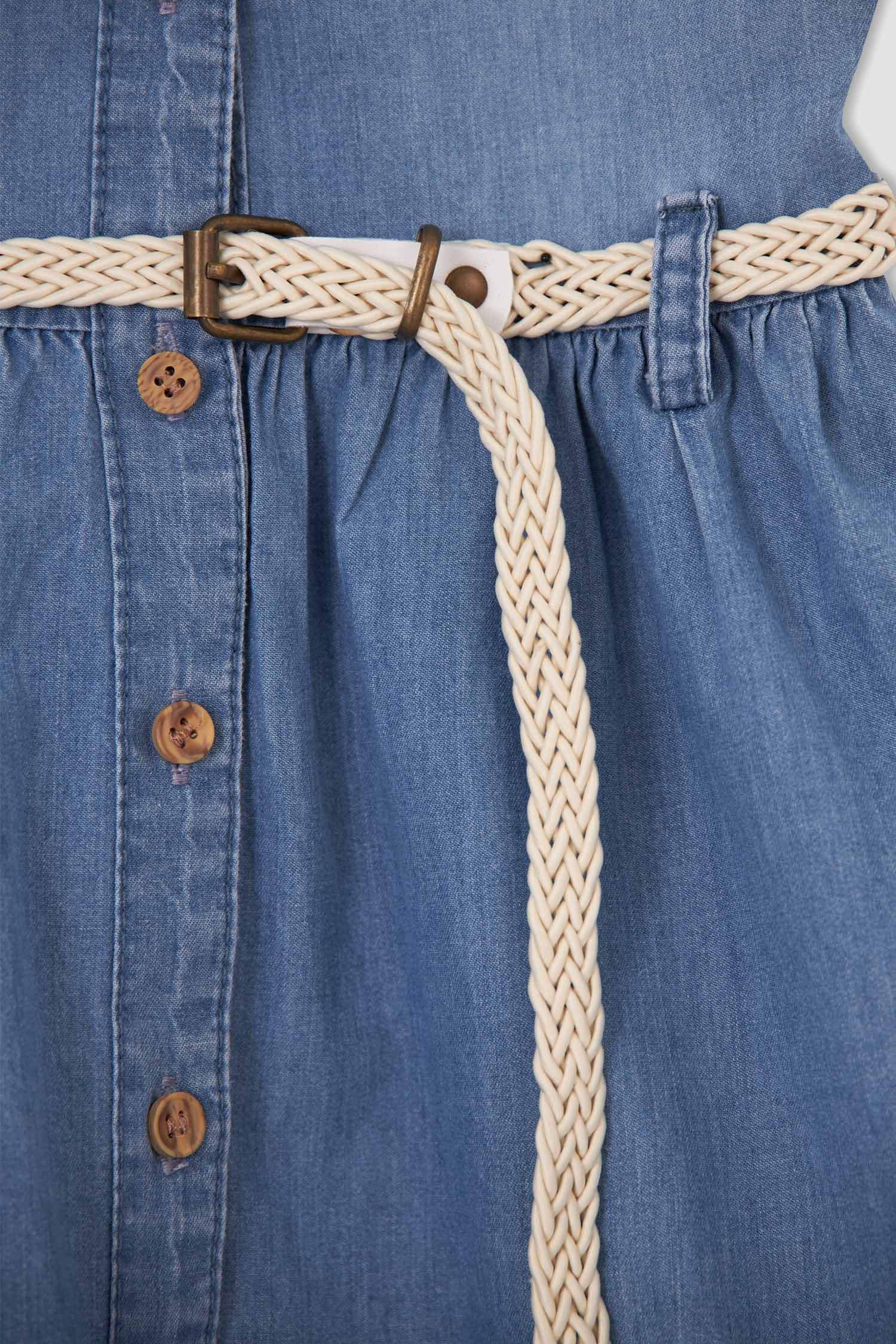 Kız Çocuk Gömlek Yaka Kolsuz Kemerli Jean Elbise