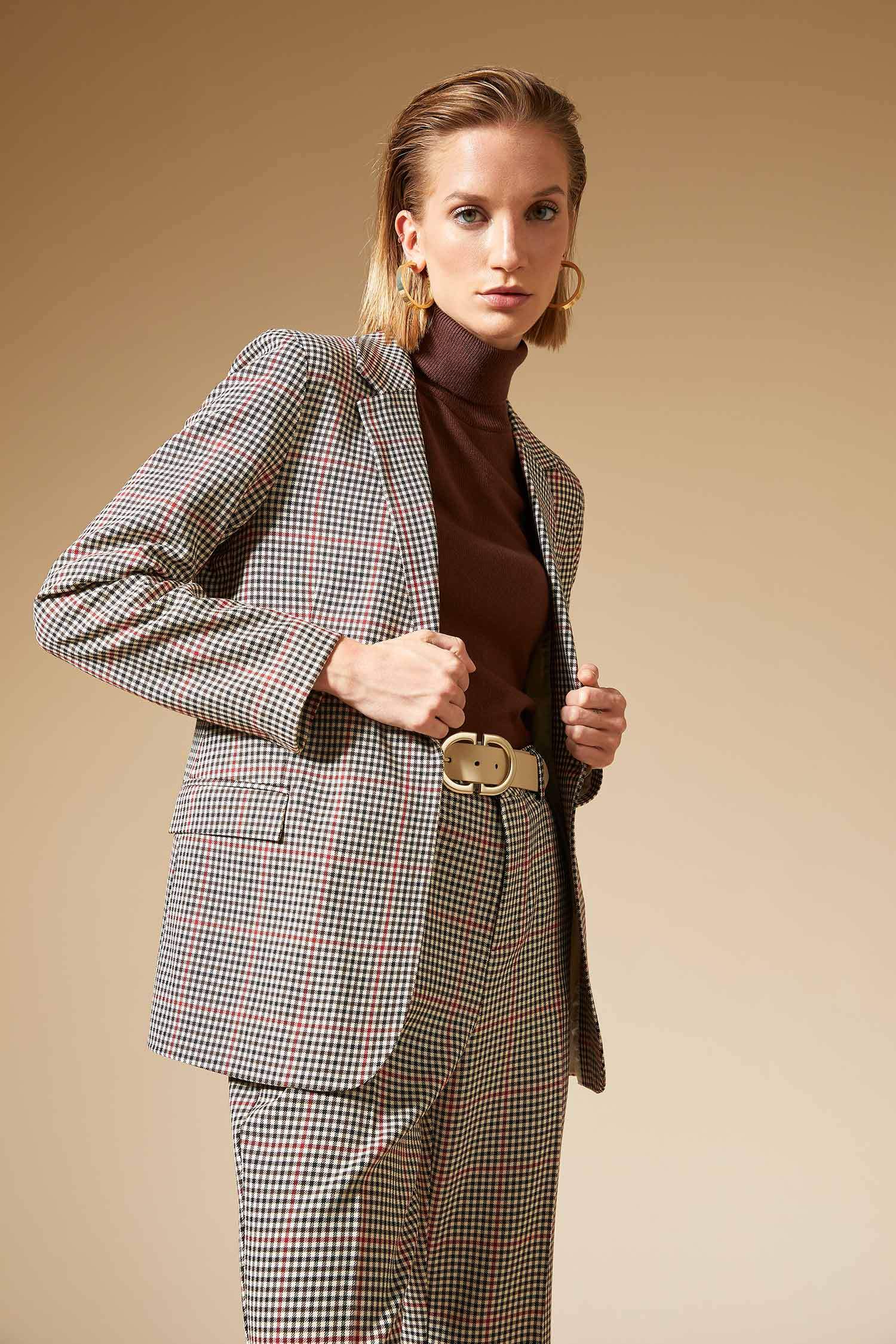 Kare Desenli Fleto Cepli Ragular Fit Uzun Kollu Blazer Ceket
