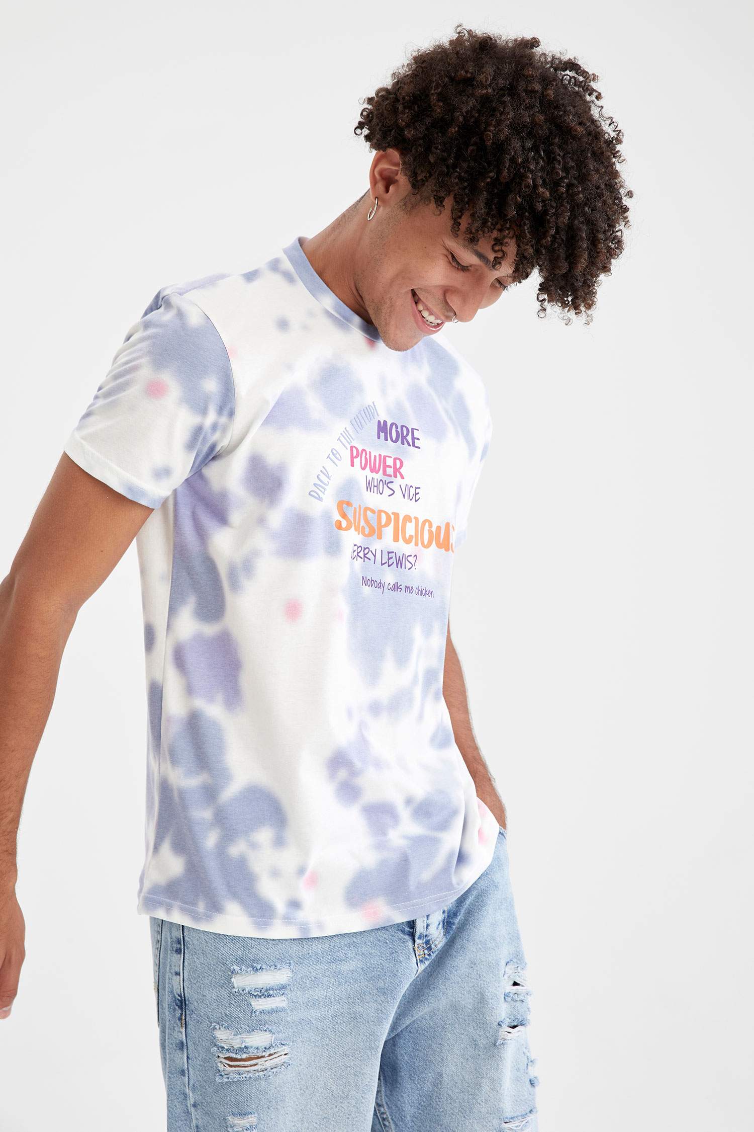 Regular Fit Bisiklet Yaka Batik Baskılı Kısa Kollu Tişört