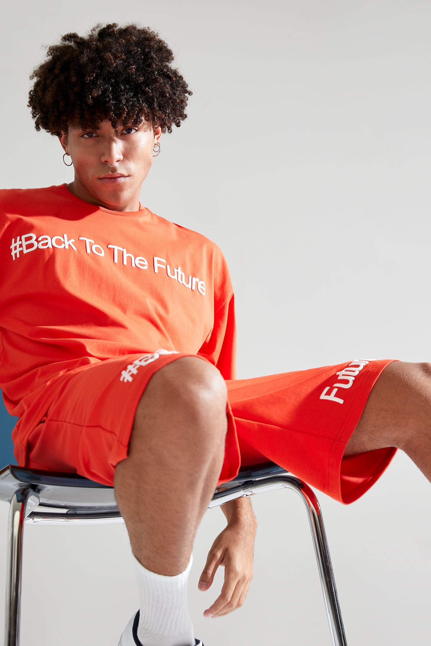 Oversize Fit Bisiklet Yaka Slogan Baskılı Kısa Kollu Tişört