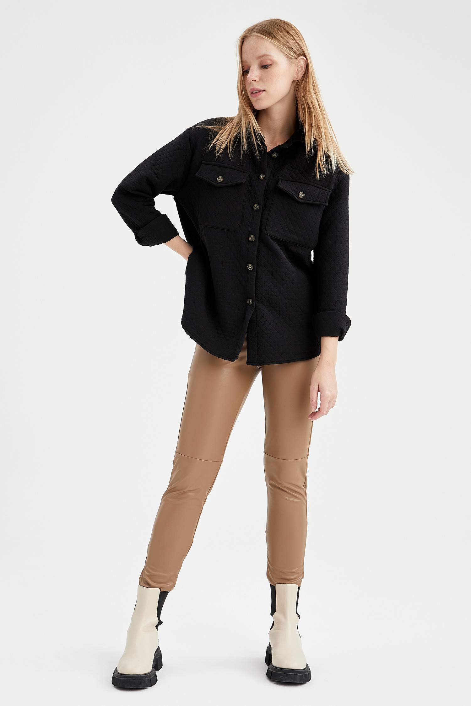 Kapitone Detaylı Kapaklı Cepli Oversize Fit Gömlek Ceket
