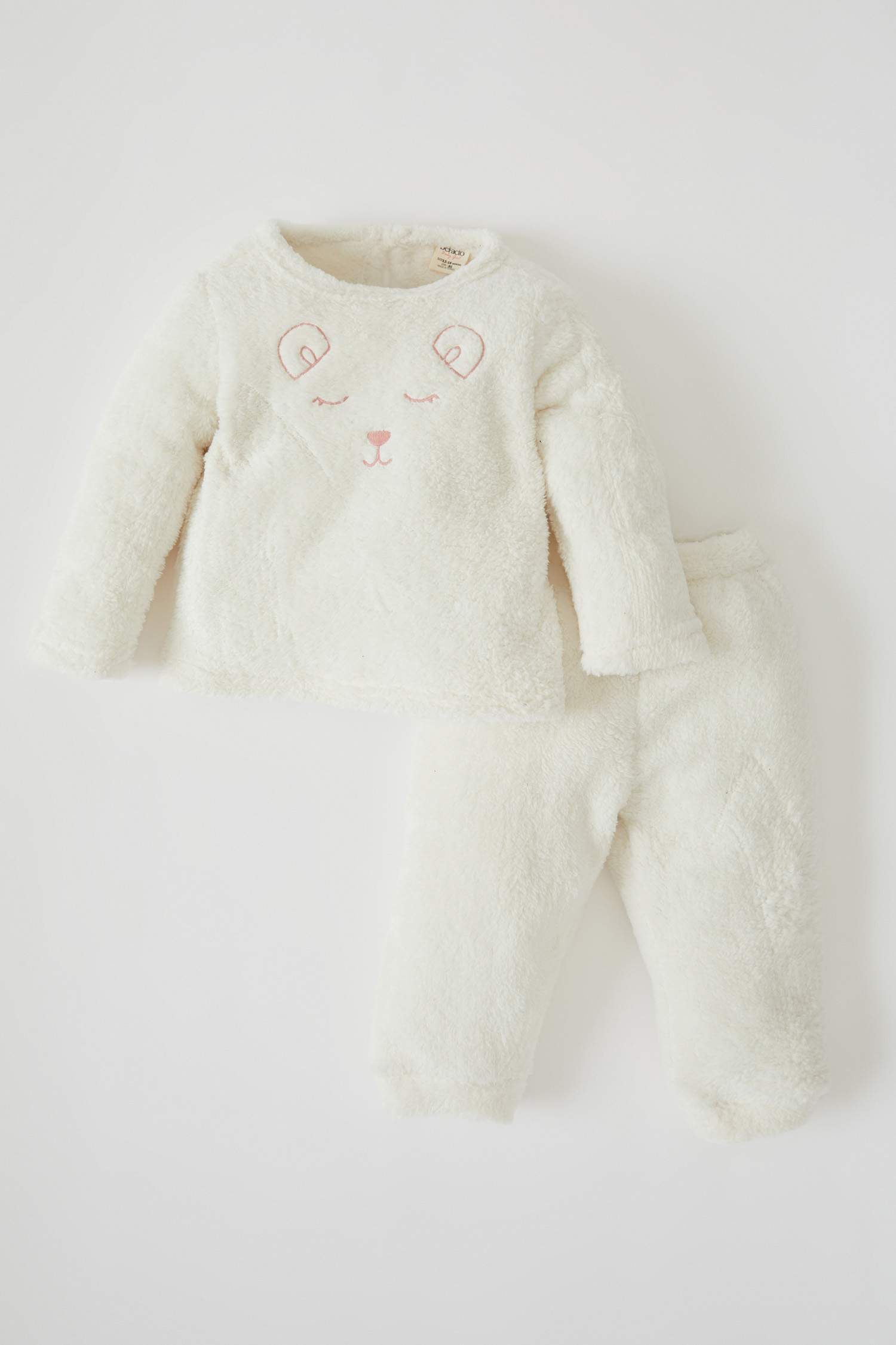 Kız Bebek Bisiklet Yaka Nakışlı Uzun Kollu Pelüş Isı Yalıtımlı Warmtech Pijama Takım