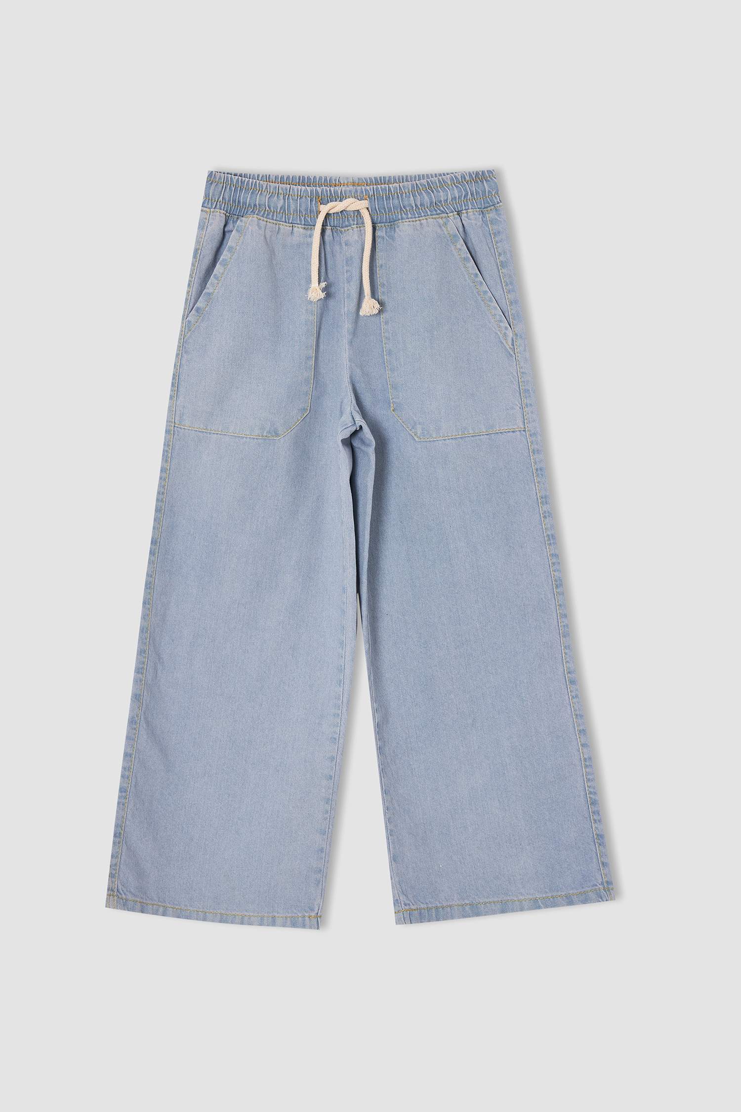 Kız Çocuk Beli Bağcıklı Geniş Paça Jean Pantolon