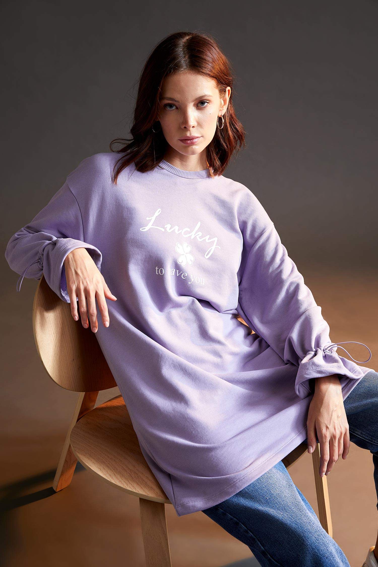 Relax Fit Bisiklet Yaka Baskılı Sweat Tunik