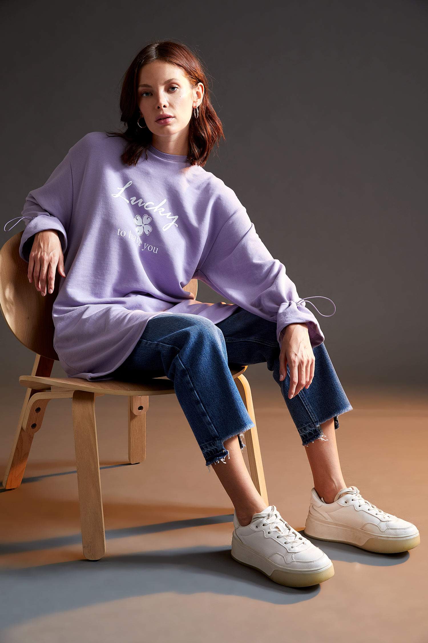 Relax Fit Bisiklet Yaka Baskılı Sweat Tunik