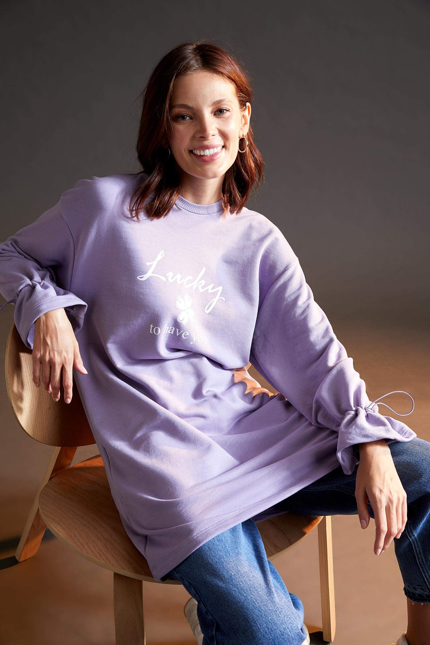 Relax Fit Bisiklet Yaka Baskılı Sweat Tunik